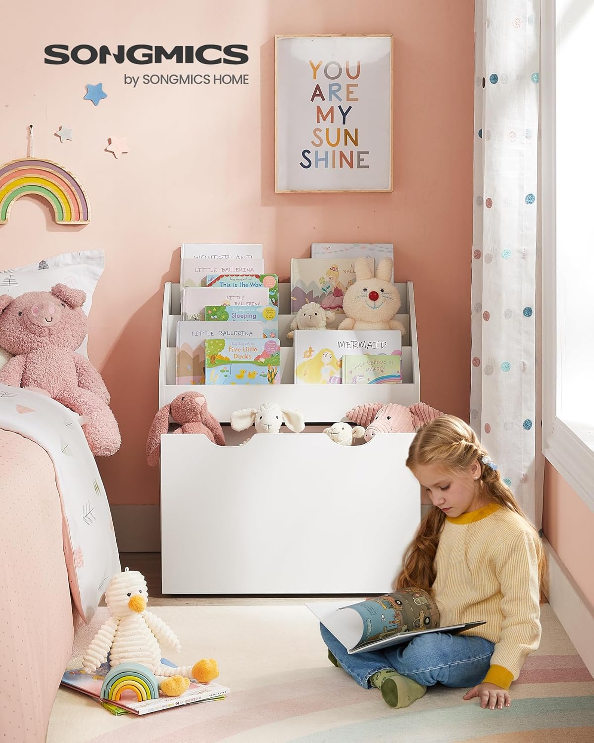 Kinder-Bücherregal mit Aufbewahrungsboxen auf Rollen, Weiss