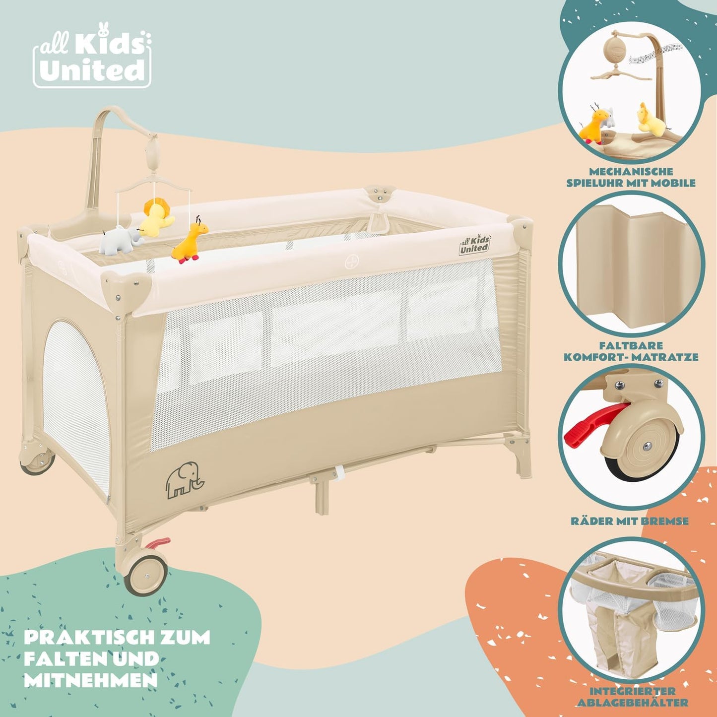 Baby-Reisebett mit Matratze und Zubehör, Beige