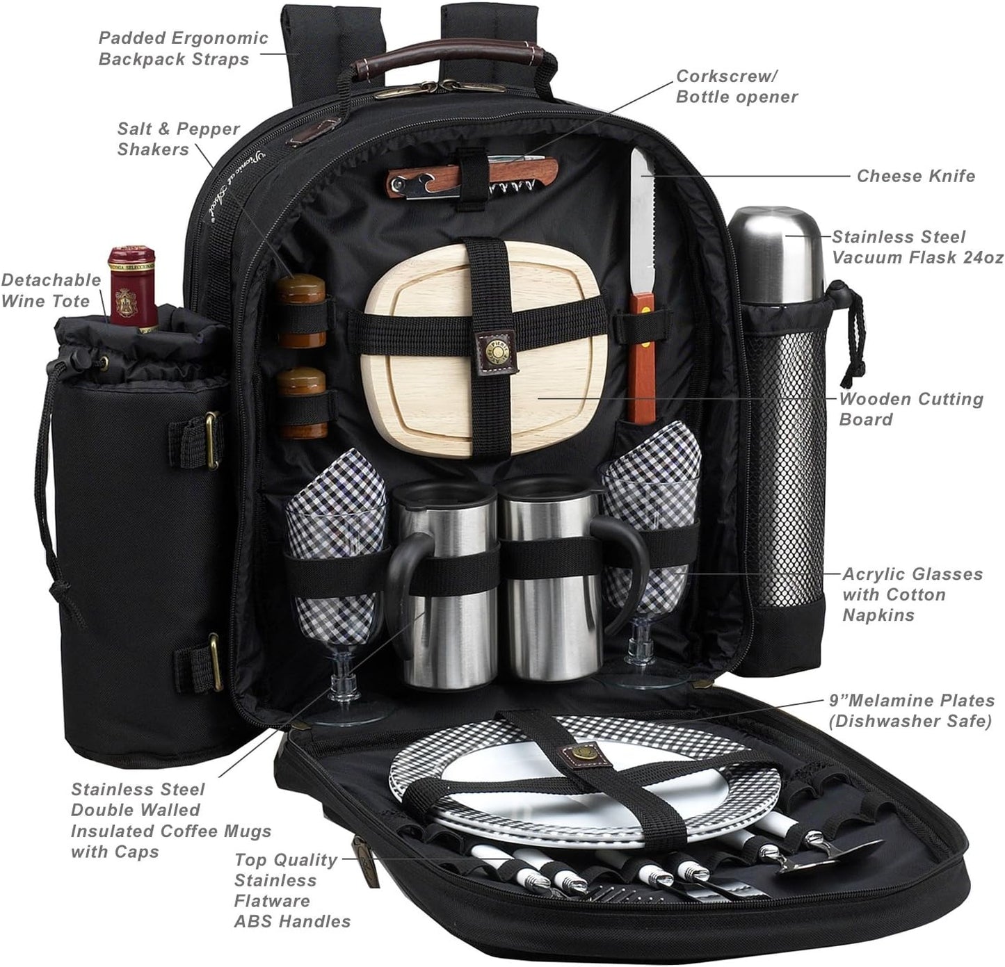 Picknick-Rucksack für 2 Personen, Black With Gingham Napkins