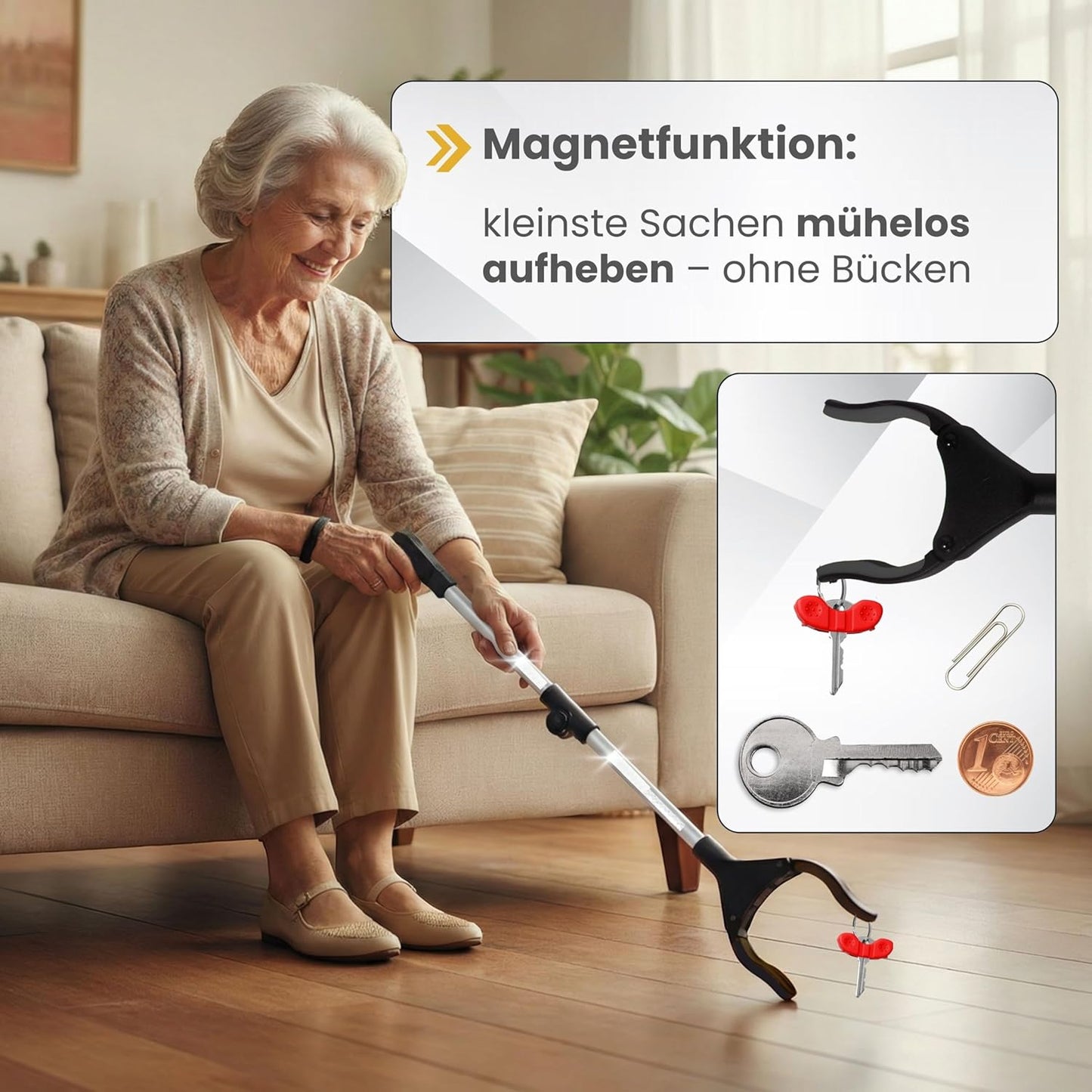 Faltbare Greifzange mit Schuhanzieher, Schwarz Silber