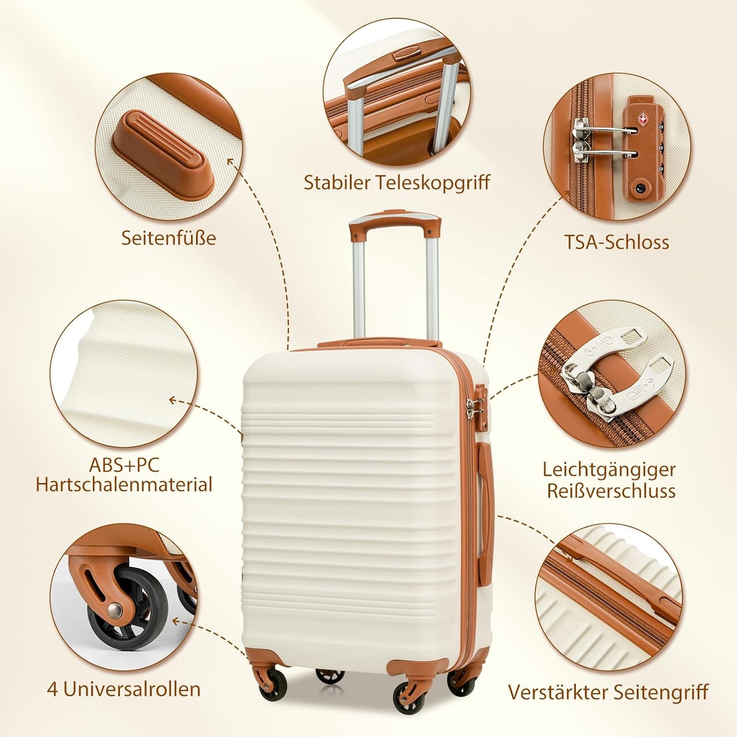 3-teiliges Handgepäckkofferset mit TSA-Schloss, Kulturtasche und erweiterbarer Reisetasche, Handgepäck-Set 3tlg Dunkelgrün/Braun