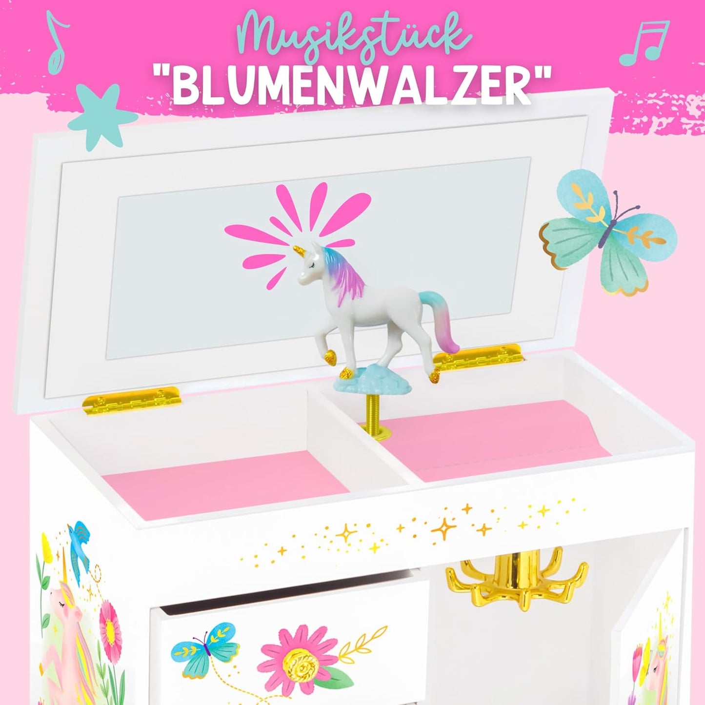 Schmuckkästchen mit Spieluhr, Blumen-Einhorn