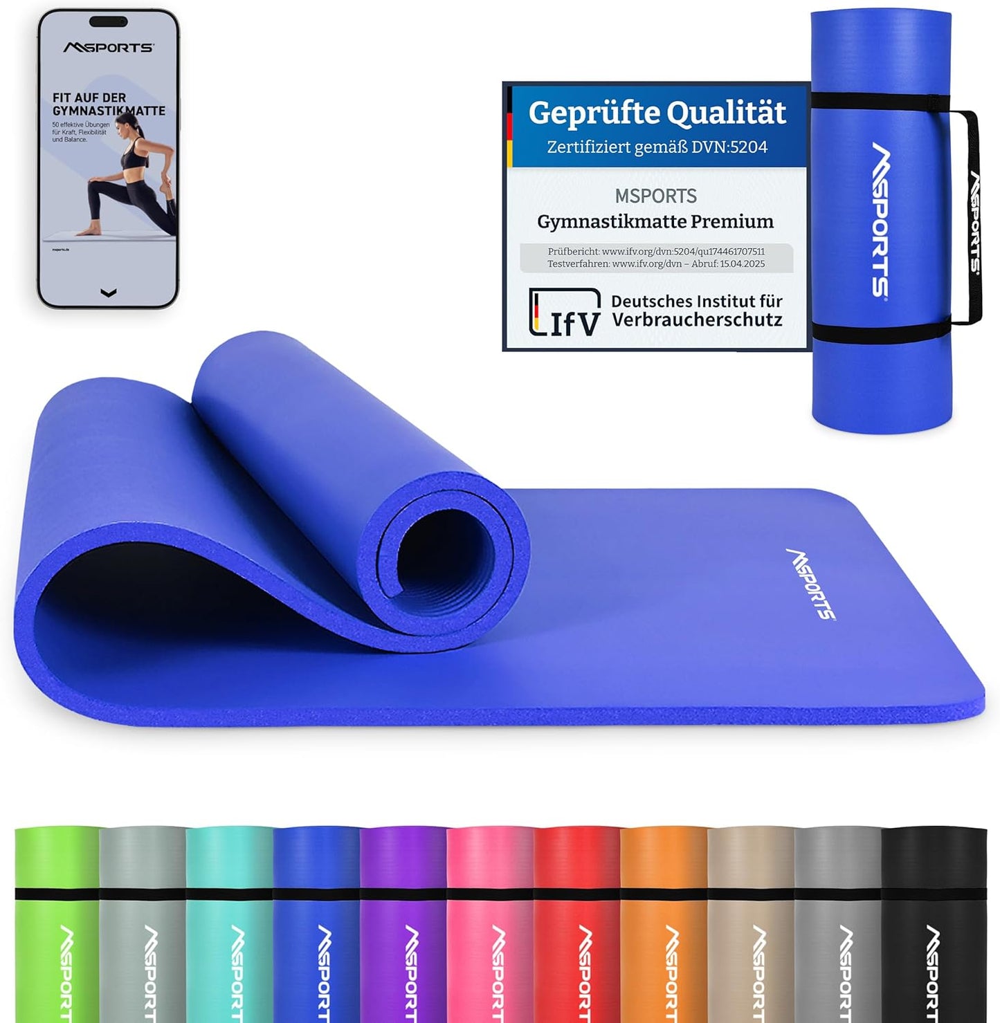 Gymnastikmatte mit Übungsposter und Workout App, Royalblau 190 x 100 x 1,5 cm