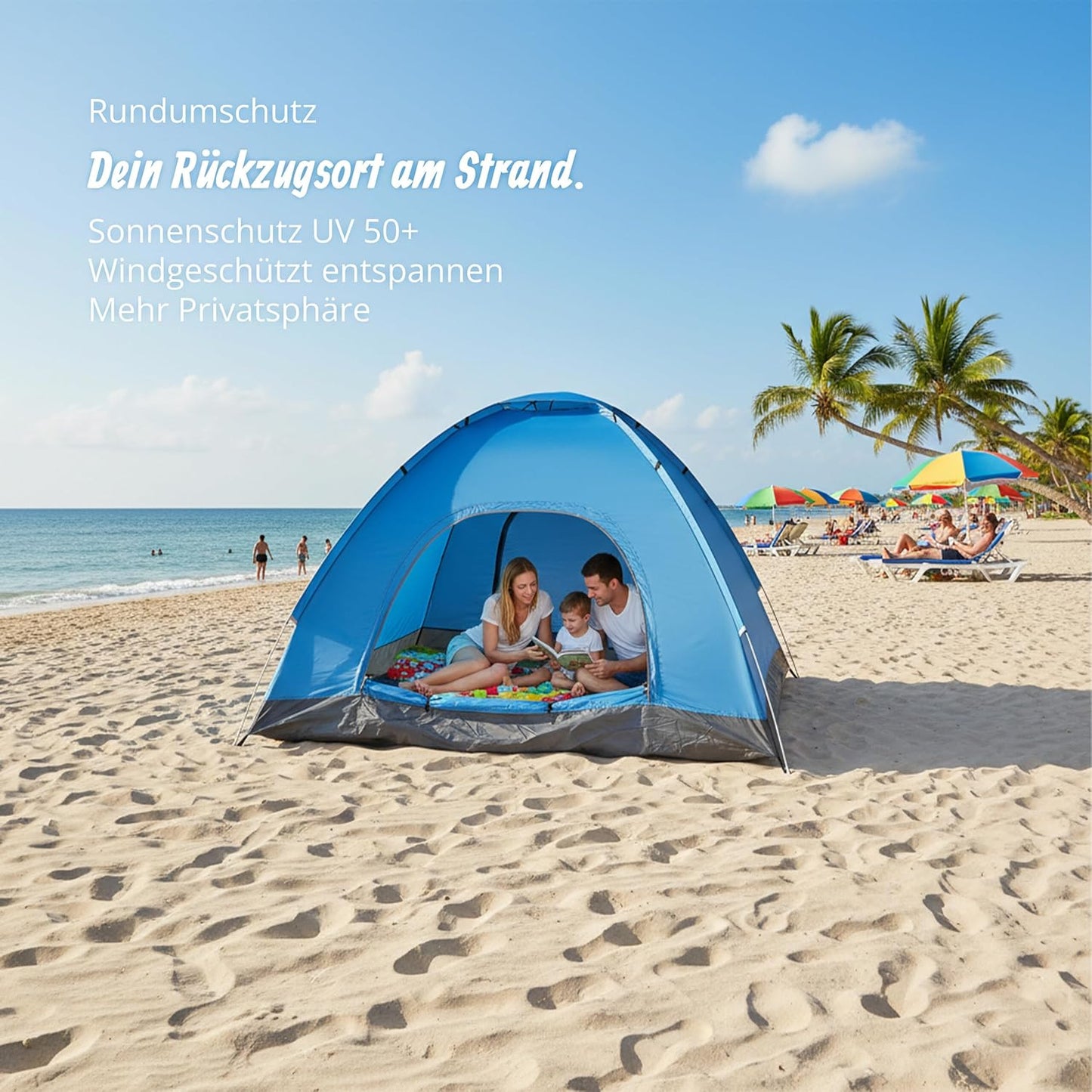 Pop Up Strandzelt für 2-3 Personen, UV Schutz 50+, Blau