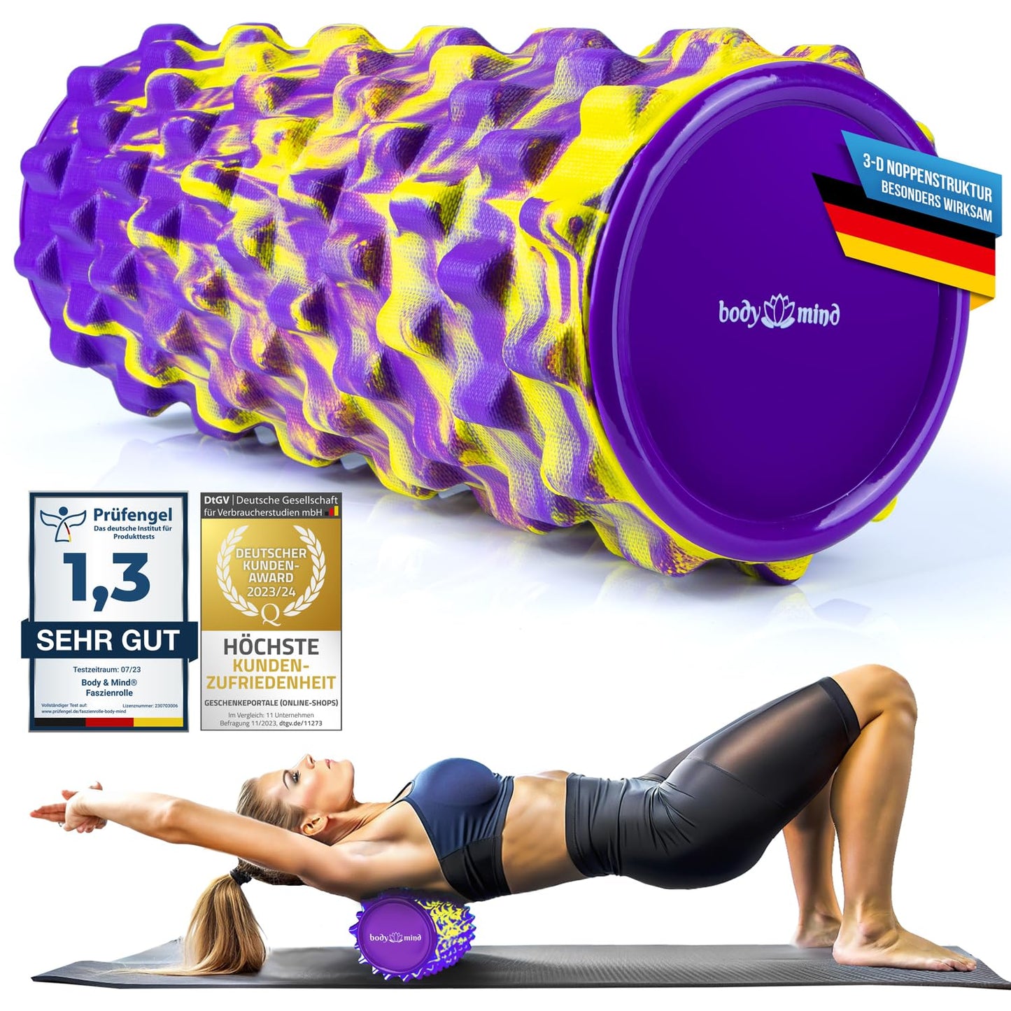 Faszienrolle für Massage und Fitness, Gelb-lila