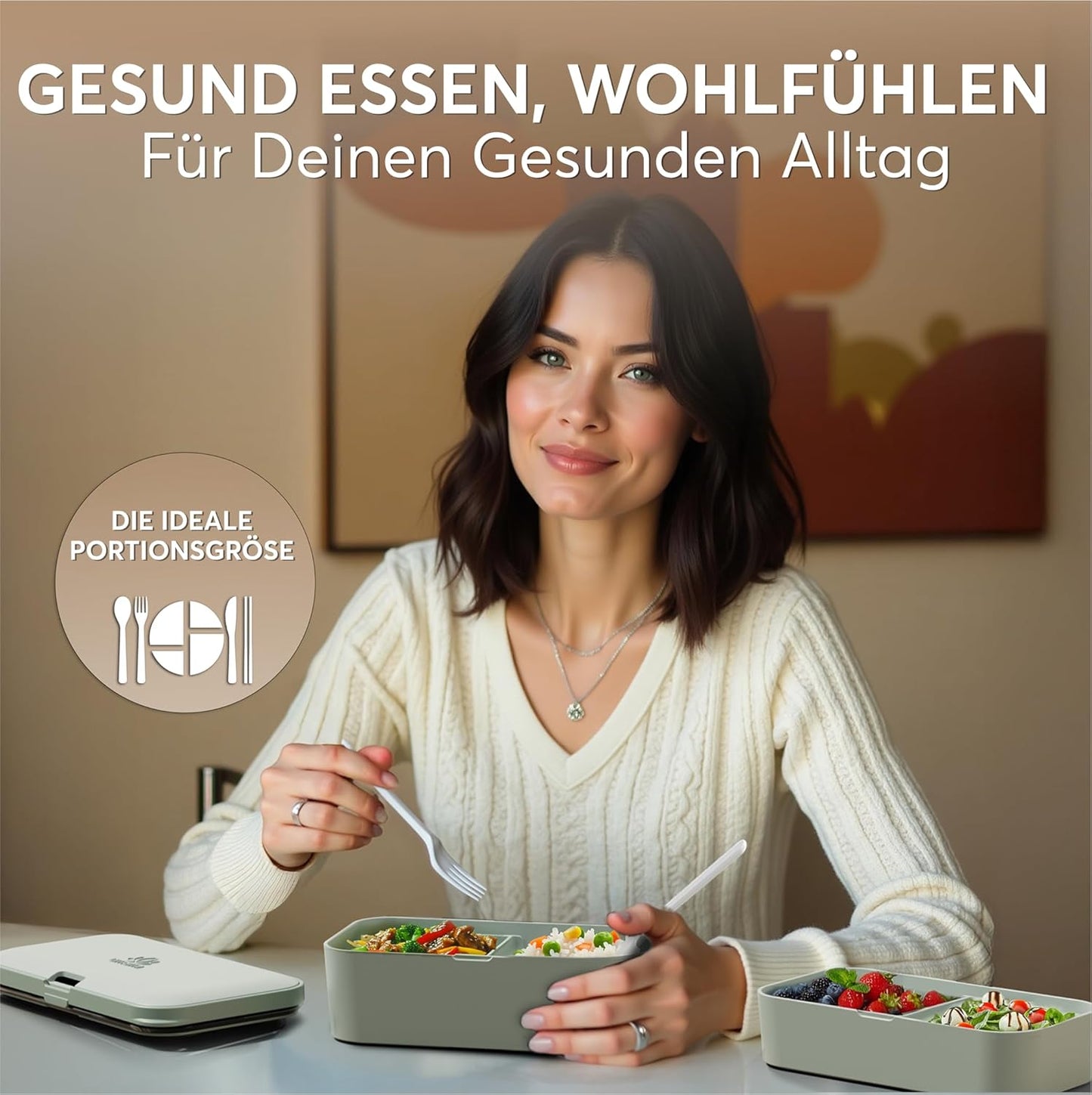 Verschachtelte Bento Lunchbox mit Besteck & Fächern, Schiefergrün L - 1500 ml