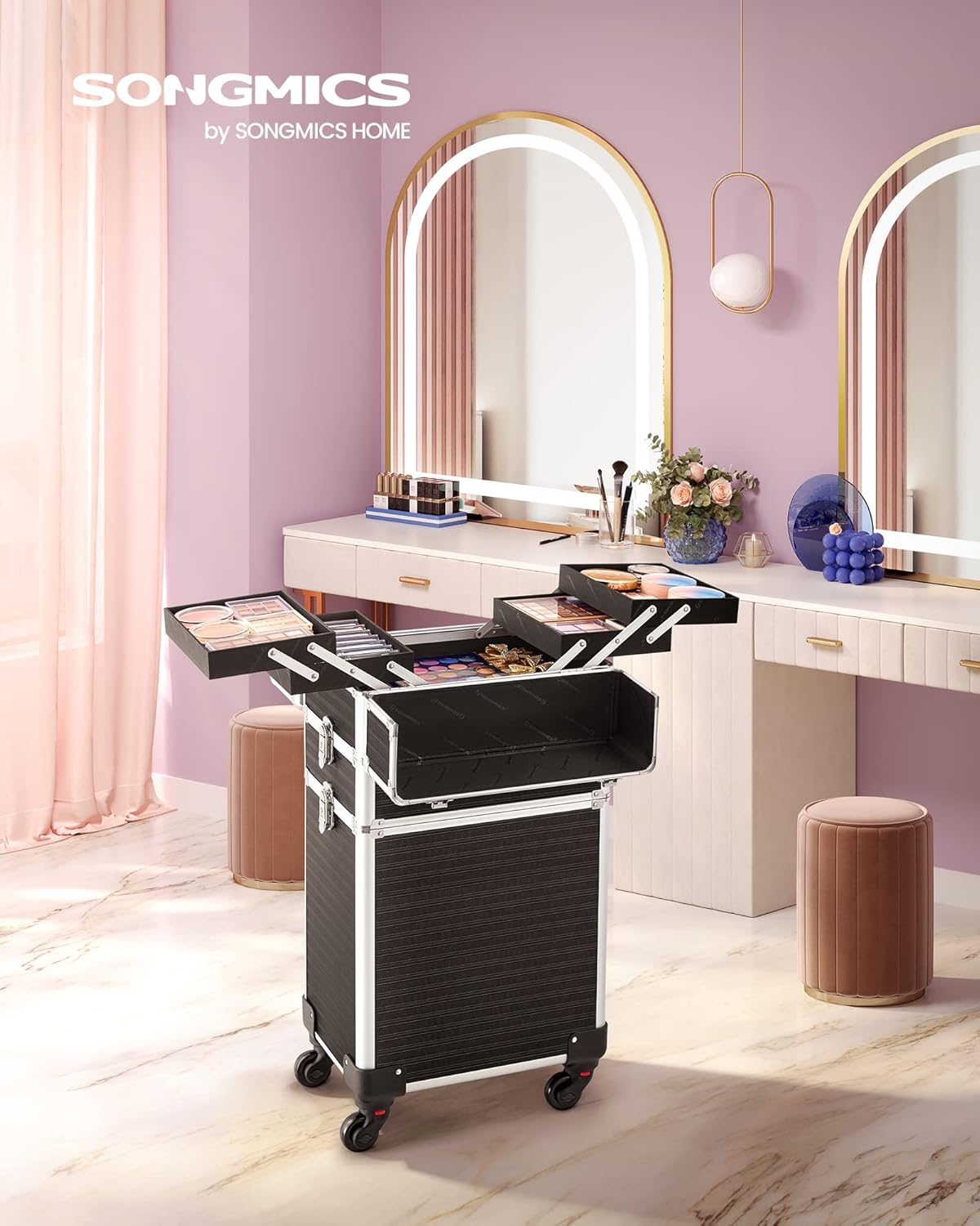 3-in-1 Kosmetikkoffer Trolley mit 360° Rollen, JHZ014B01, Schwarz 3 in 1 (34 x 24 x 70,5 cm)