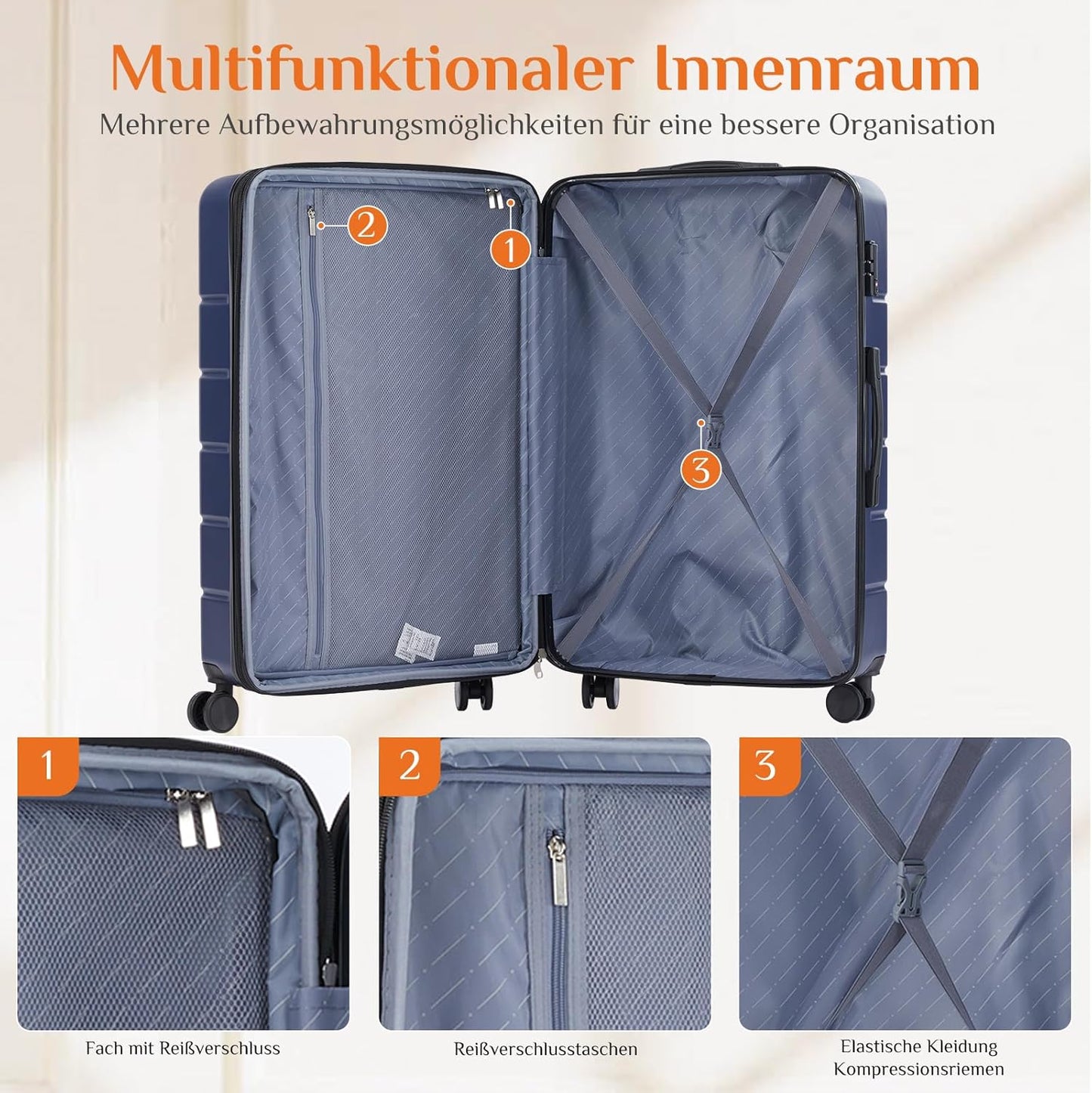 3-teiliges Hartschalen-Kofferset mit TSA-Schloss, Blau 3-Piece Set (20/24/28)