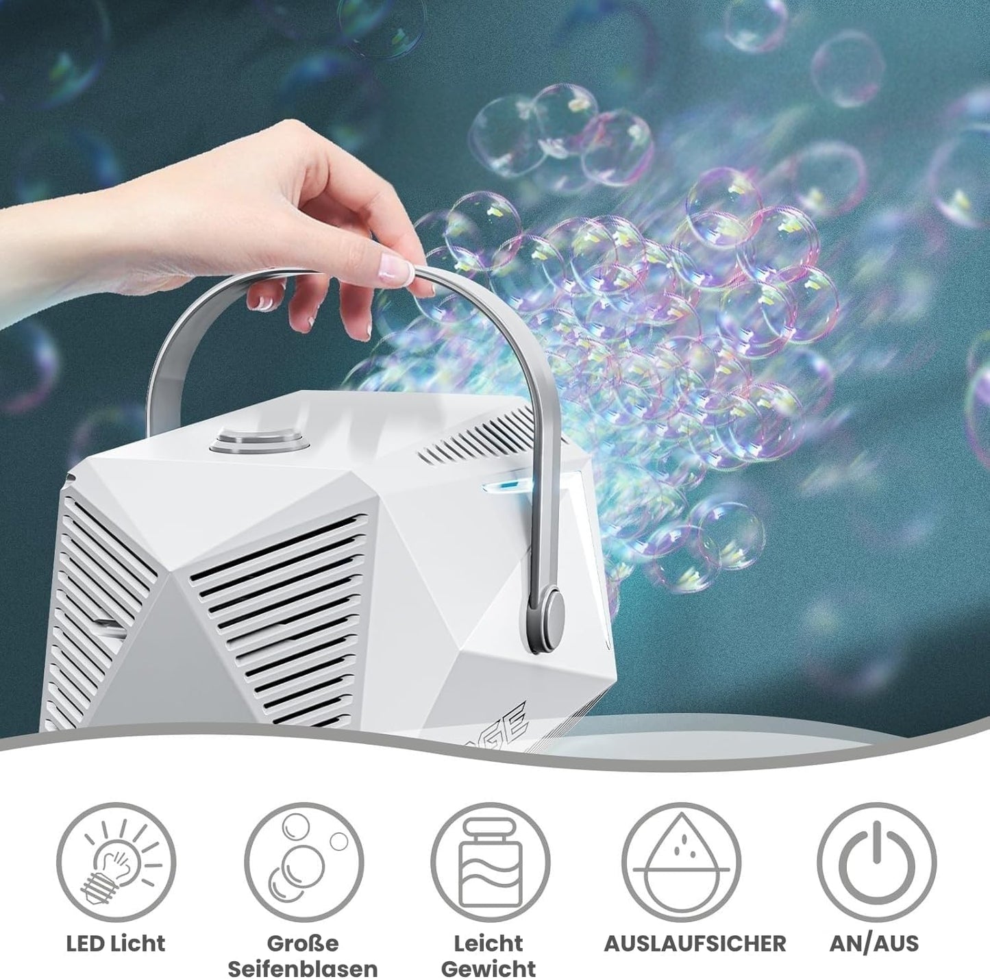 LED Seifenblasenmaschine mit 1L Flüssigkeit, Weiss