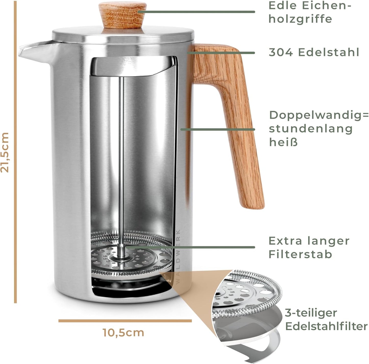 French Press Kaffeebereiter aus Edelstahl (1L), French Press 1L