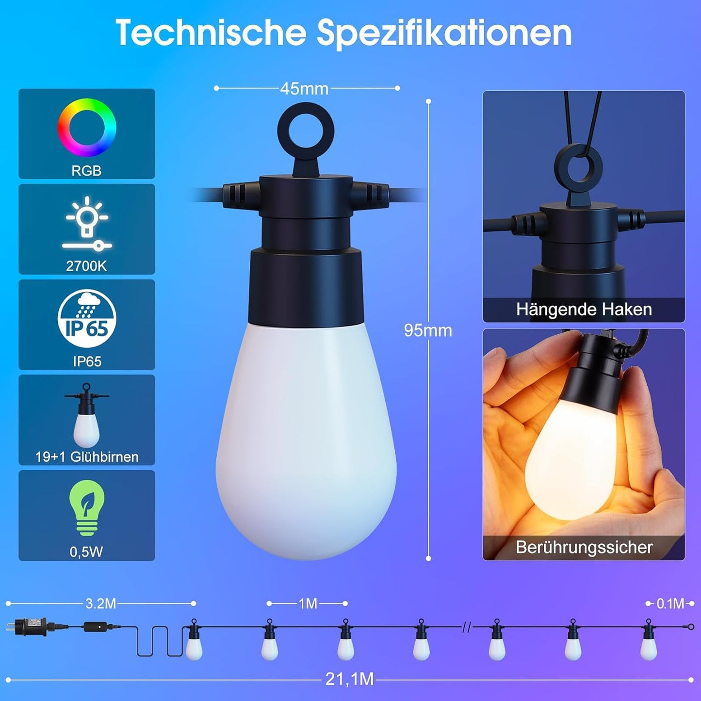 RGB LED-Lichterkette, 21 m