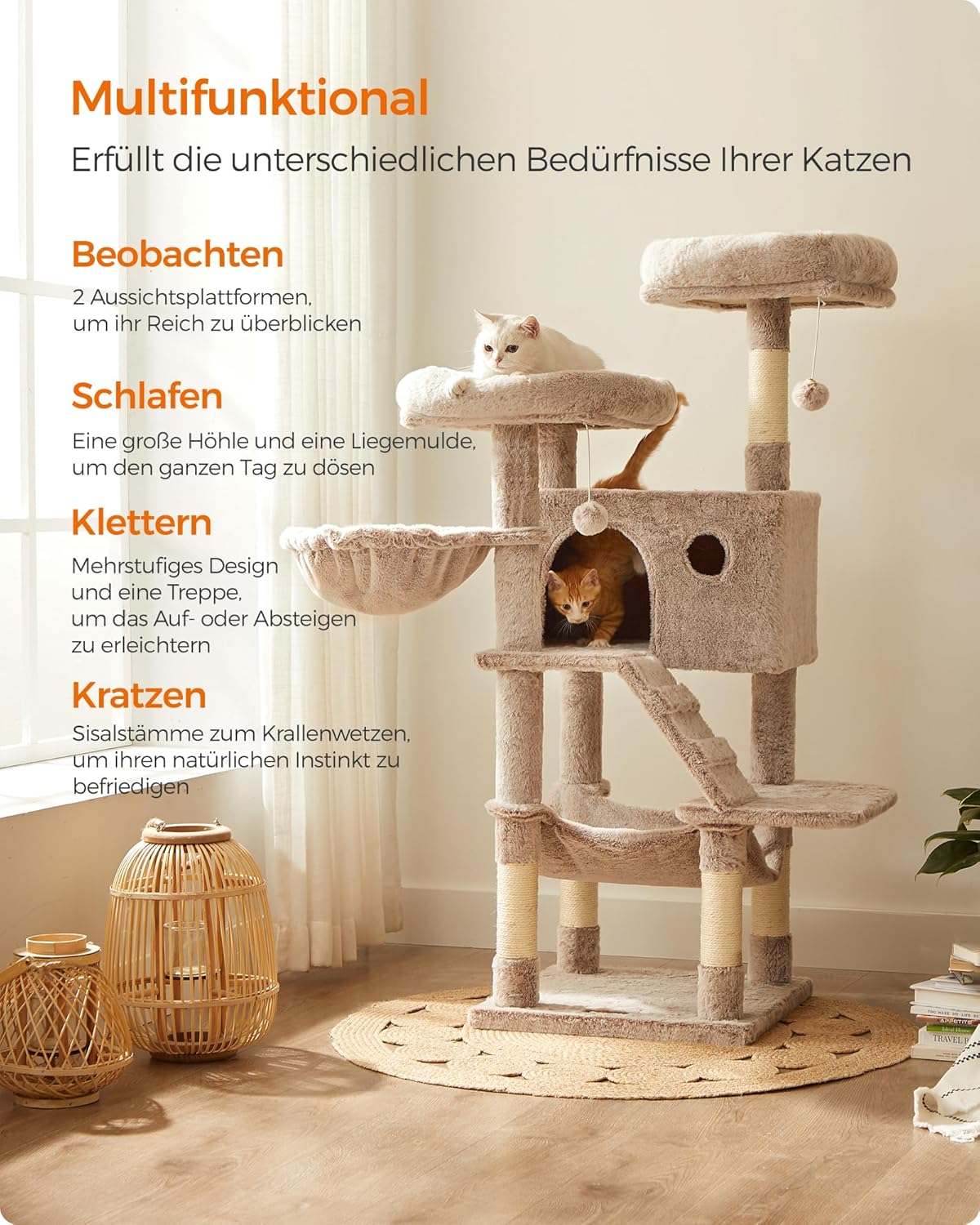 Kratzbaum Lea mit weichem Bezug für Katzen, Ombré + Braun + Weiss