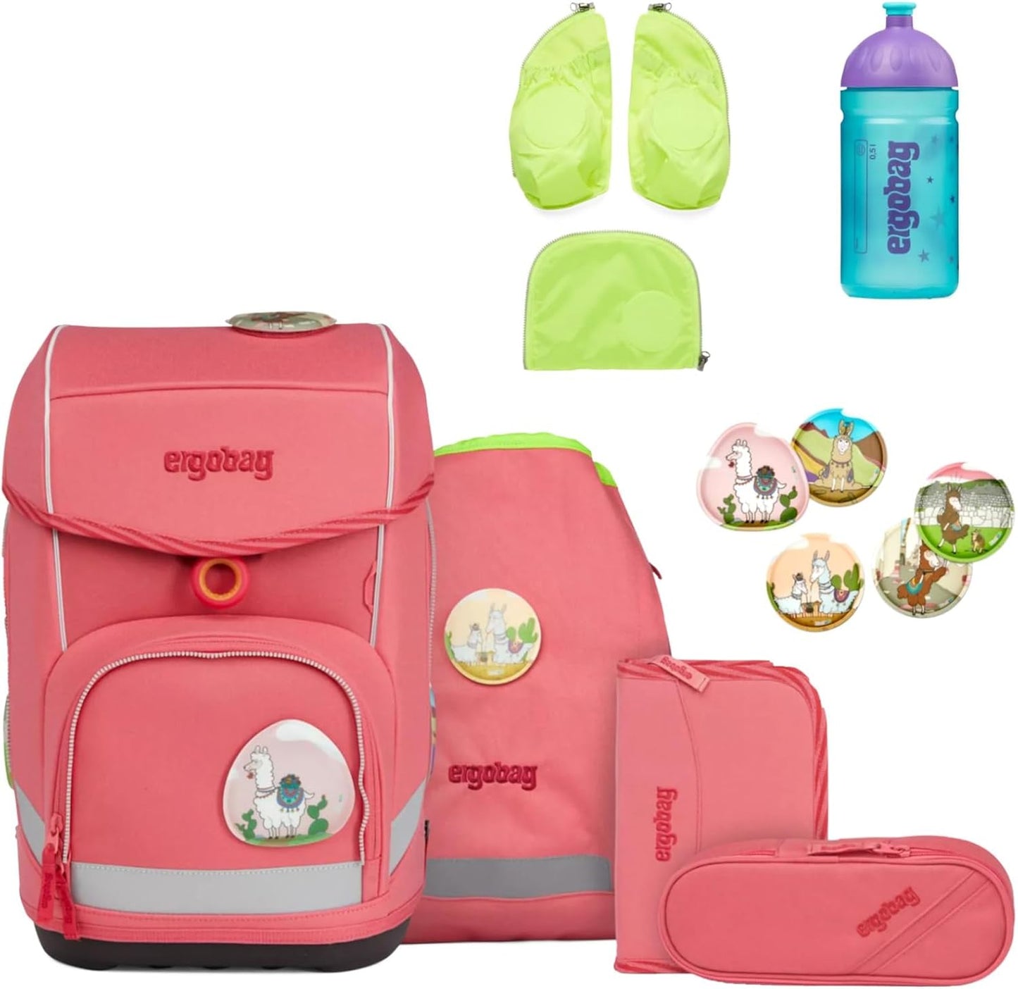7-teiliges Cubo Schulrucksack-Set mit Zubehör, Lamas in Bärjamas - Rosa