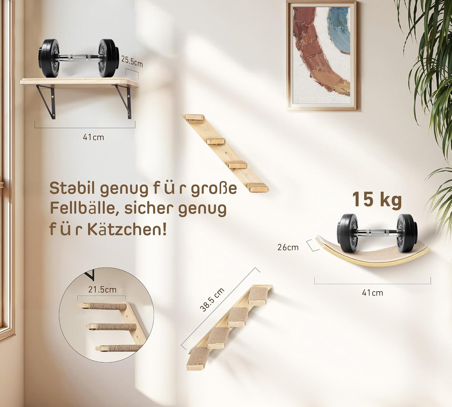 Katzen-Kletterwand Set mit Plattformen und Regalen, Gelb 2PC Vier Stufen + 2PC Katze Wandregal