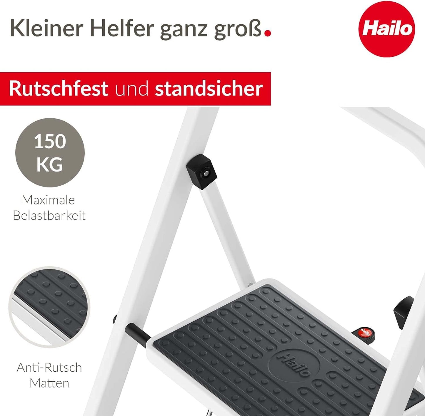 HobbyStep Klapptritt-Leiter mit Anti-Rutsch-Stufen (3 Stufen), Weiss 3 Stufen