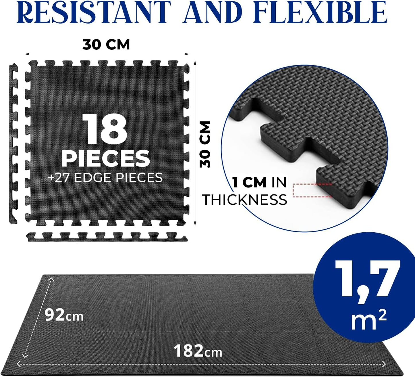 Bodenschutz-Puzzlematte für Fitness (18 Stück), 18 Stück / 30 x 30 x 1 cm / 1,7 m² / Schwarz