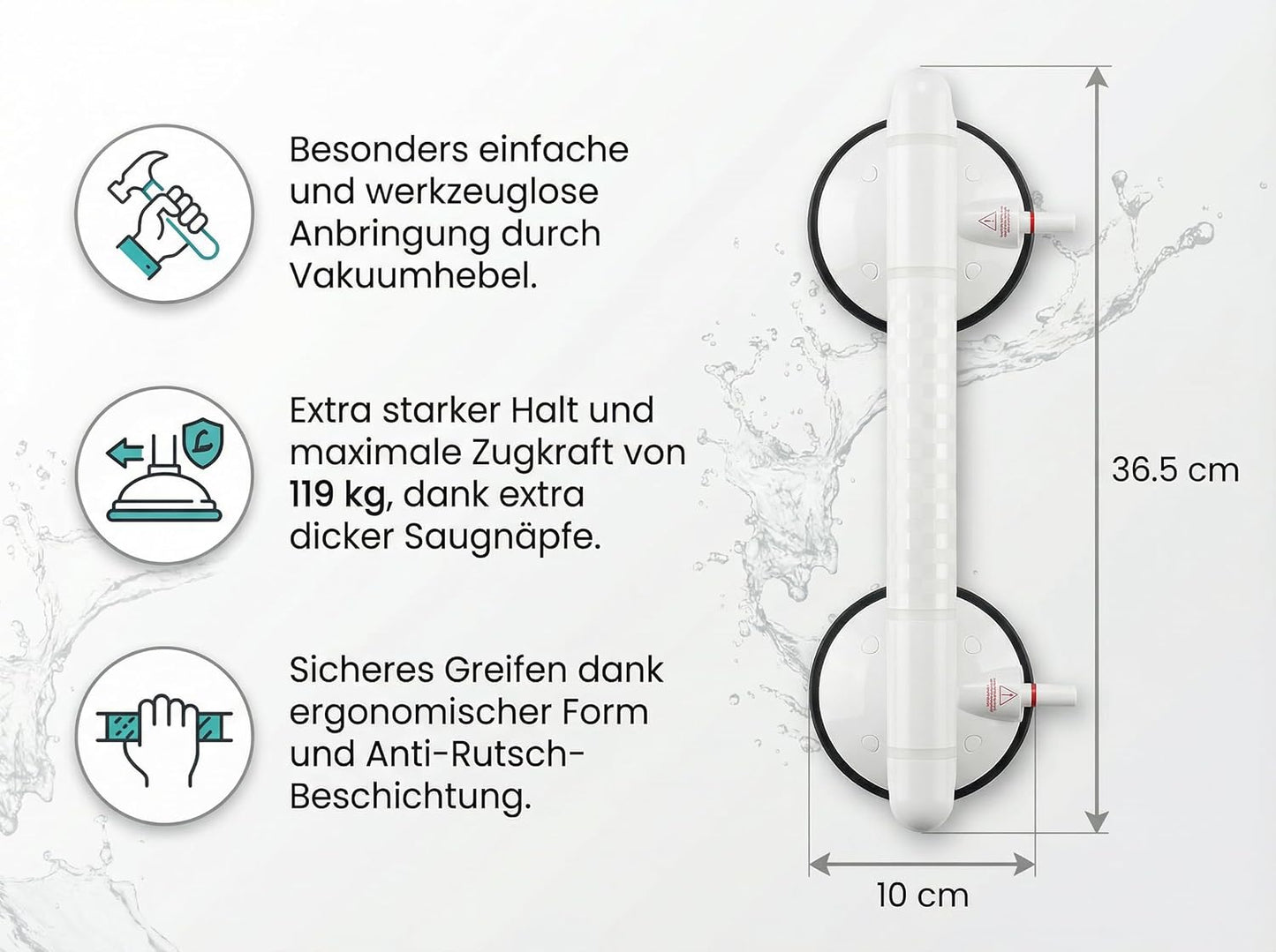 Duschgriff mit Saugnapf und Warnanzeige, Kurz Weiss