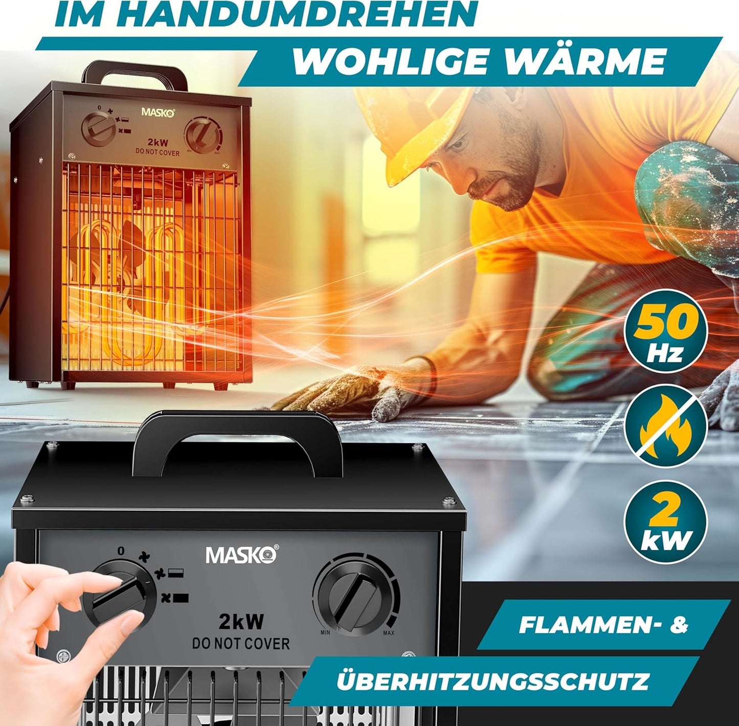 Bauheizer mit Thermostat, 2 KW - Eckig Anthrazit