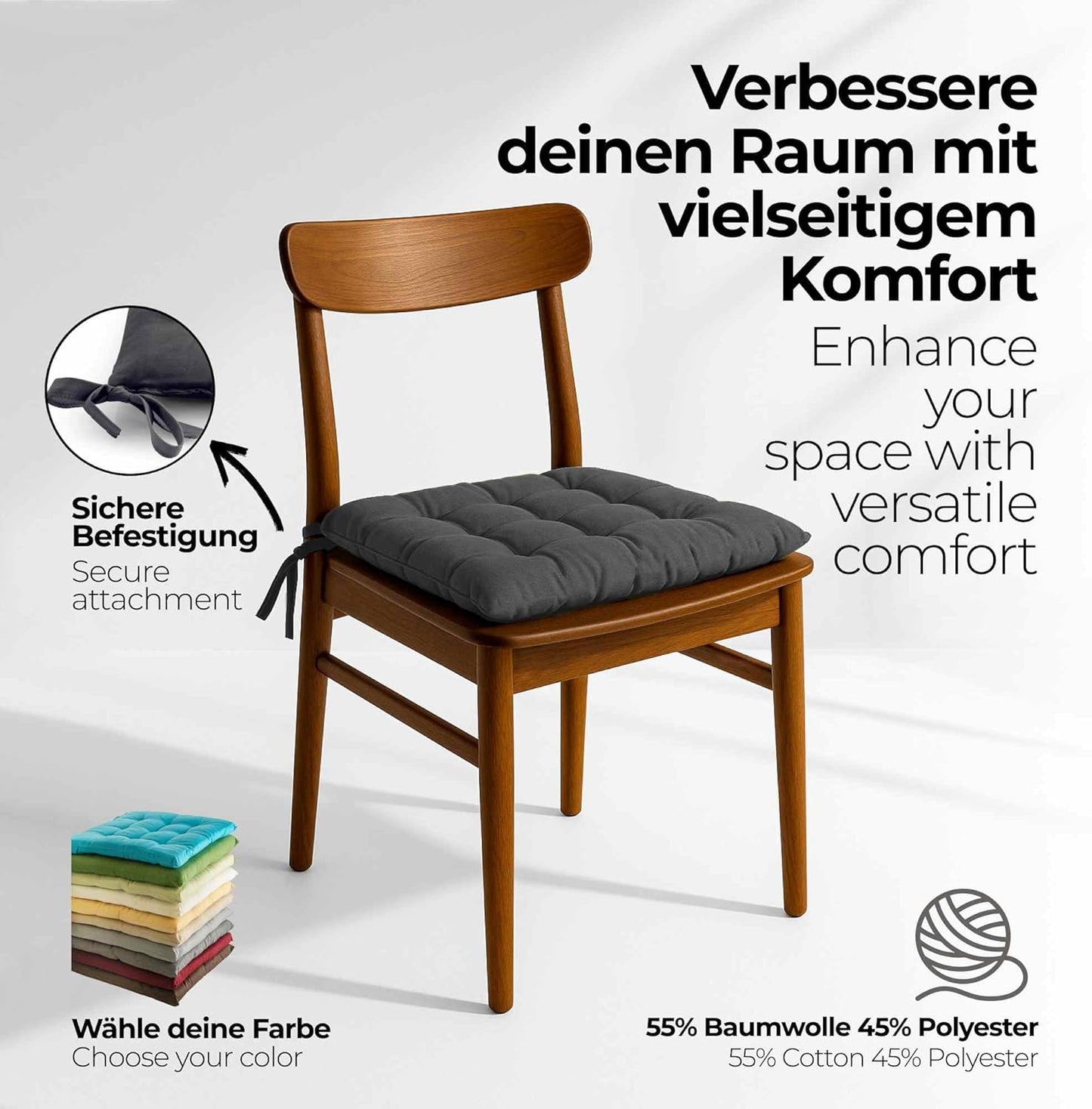Sitzkissen-Set mit Bändern, 8 Stück - 40x40 cm Anthrazit
