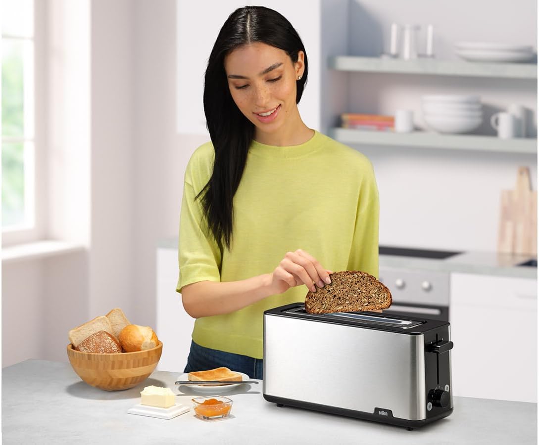 PurShine HT 1610 BK Langschlitz-Toaster mit Brötchenaufsatz und Auftaufunktion, Schwarz