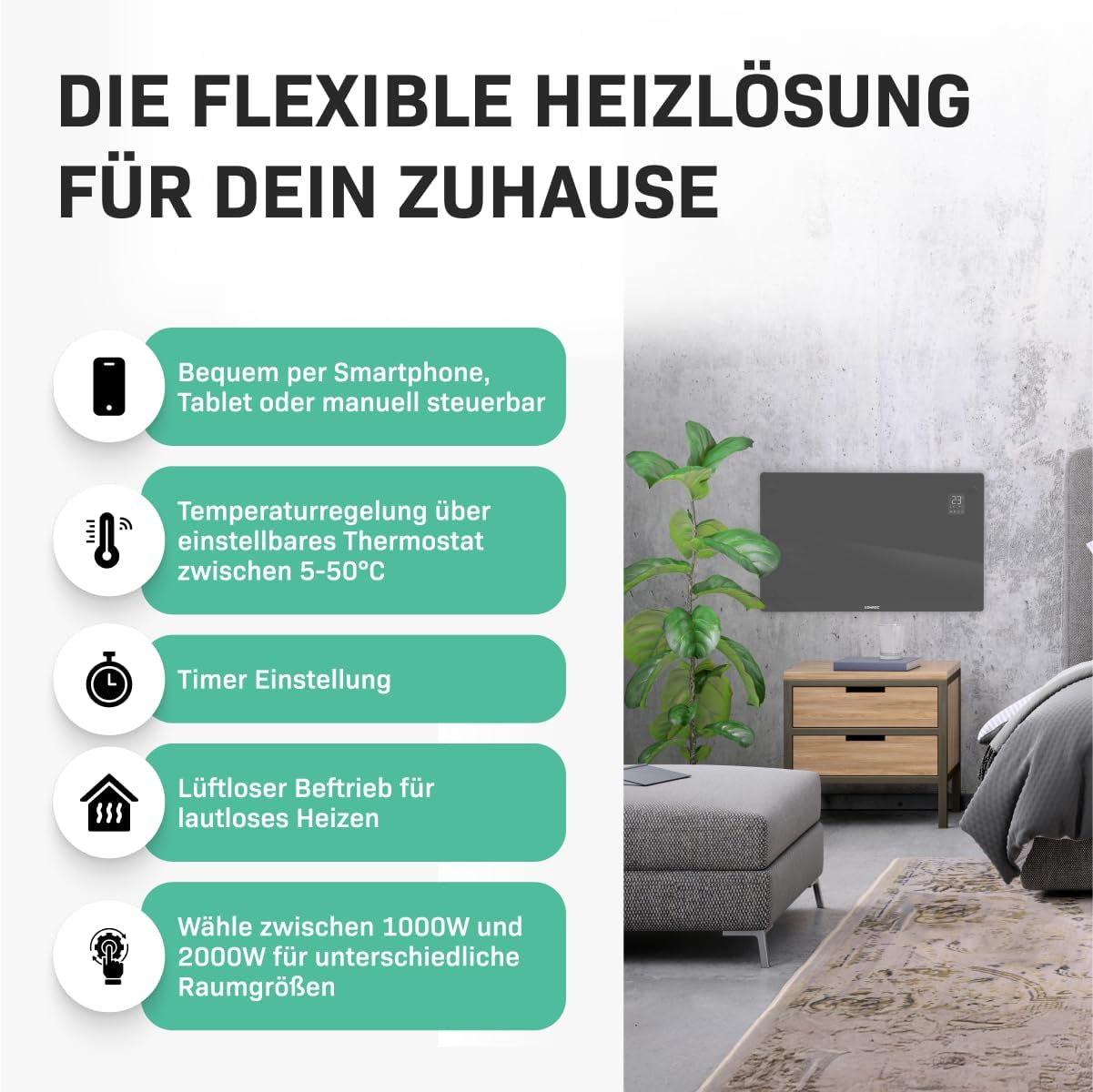 Elektro-Konvektor, App-gesteuert, Grau 2000W