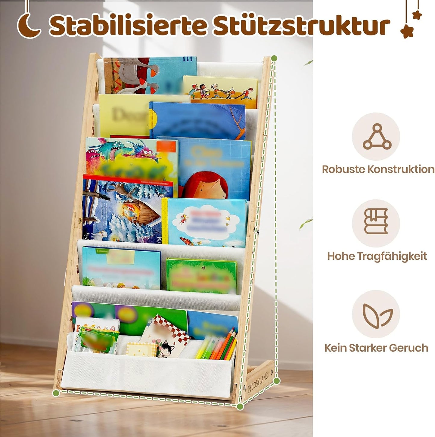 Kinder-Bücherregal mit 6 Stofffächern, platzsparend, Naturholzfarbe Medium