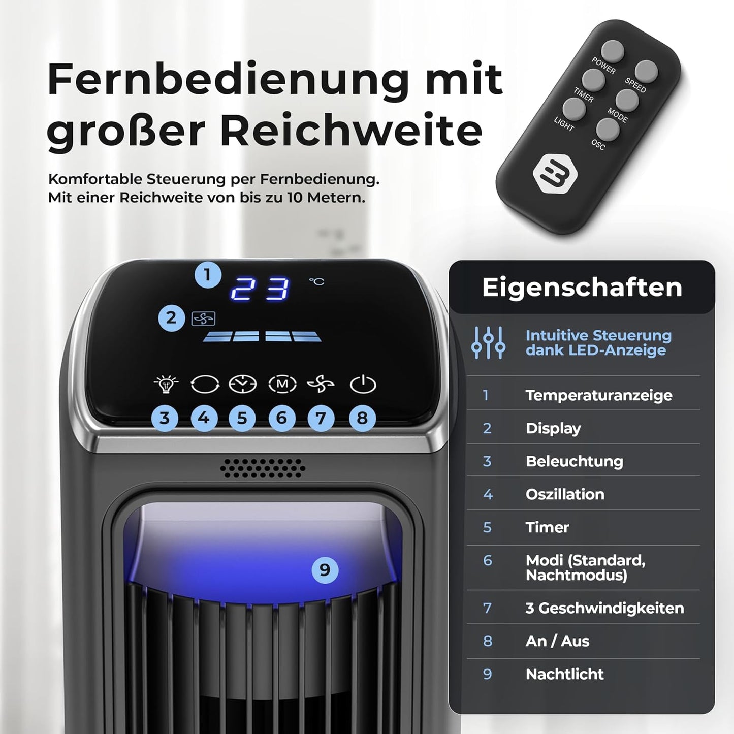 Turmventilator mit Fernbedienung und Timer, 106 CM