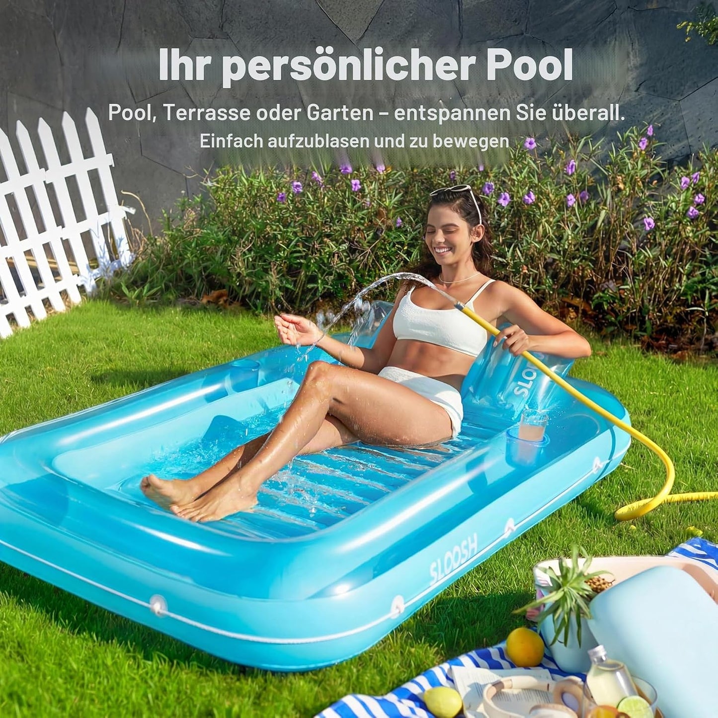Aufblasbarer Sonnenpool mit abnehmbarem Kissen und Getränkehalter, Blau L