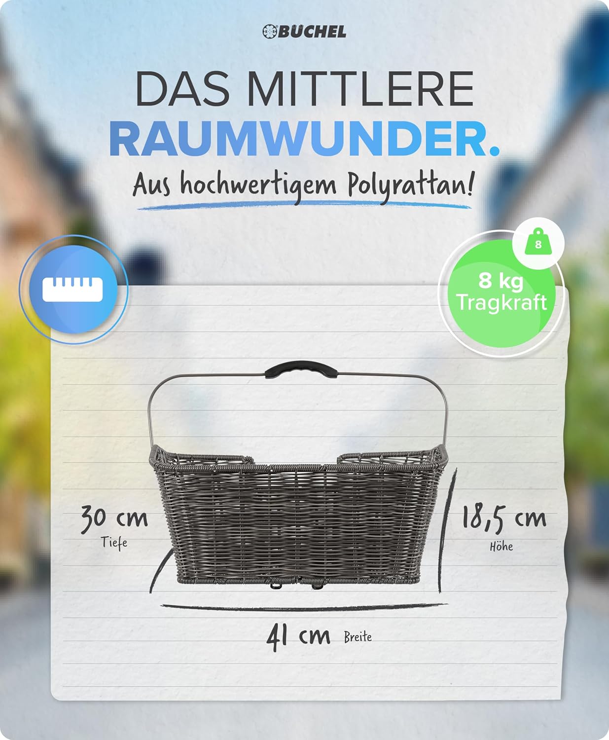 Abnehmbarer Fahrradkorb für hinten mit Halteclip, grau Single