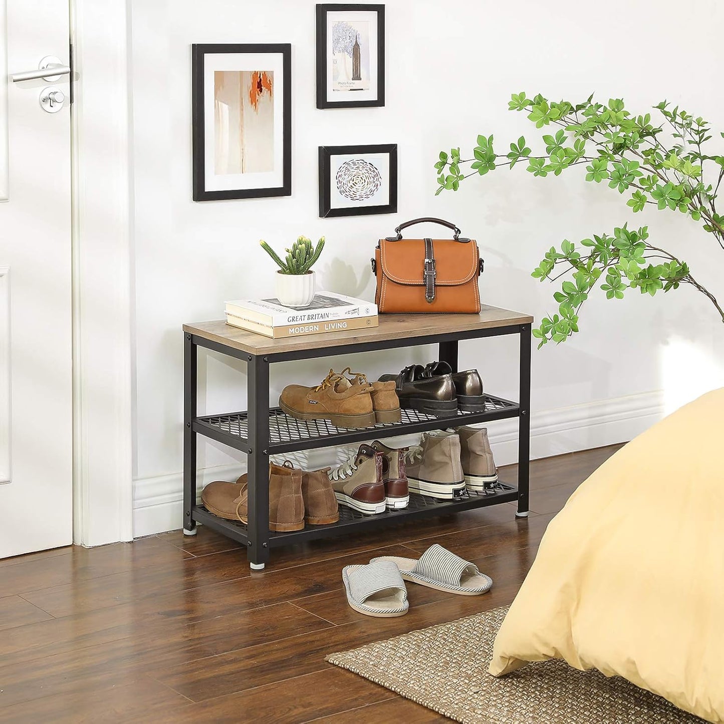 Wandgarderobe mit Schuhbank und Regal (Industrie-Design), 73B cm Greige + Schwarz
