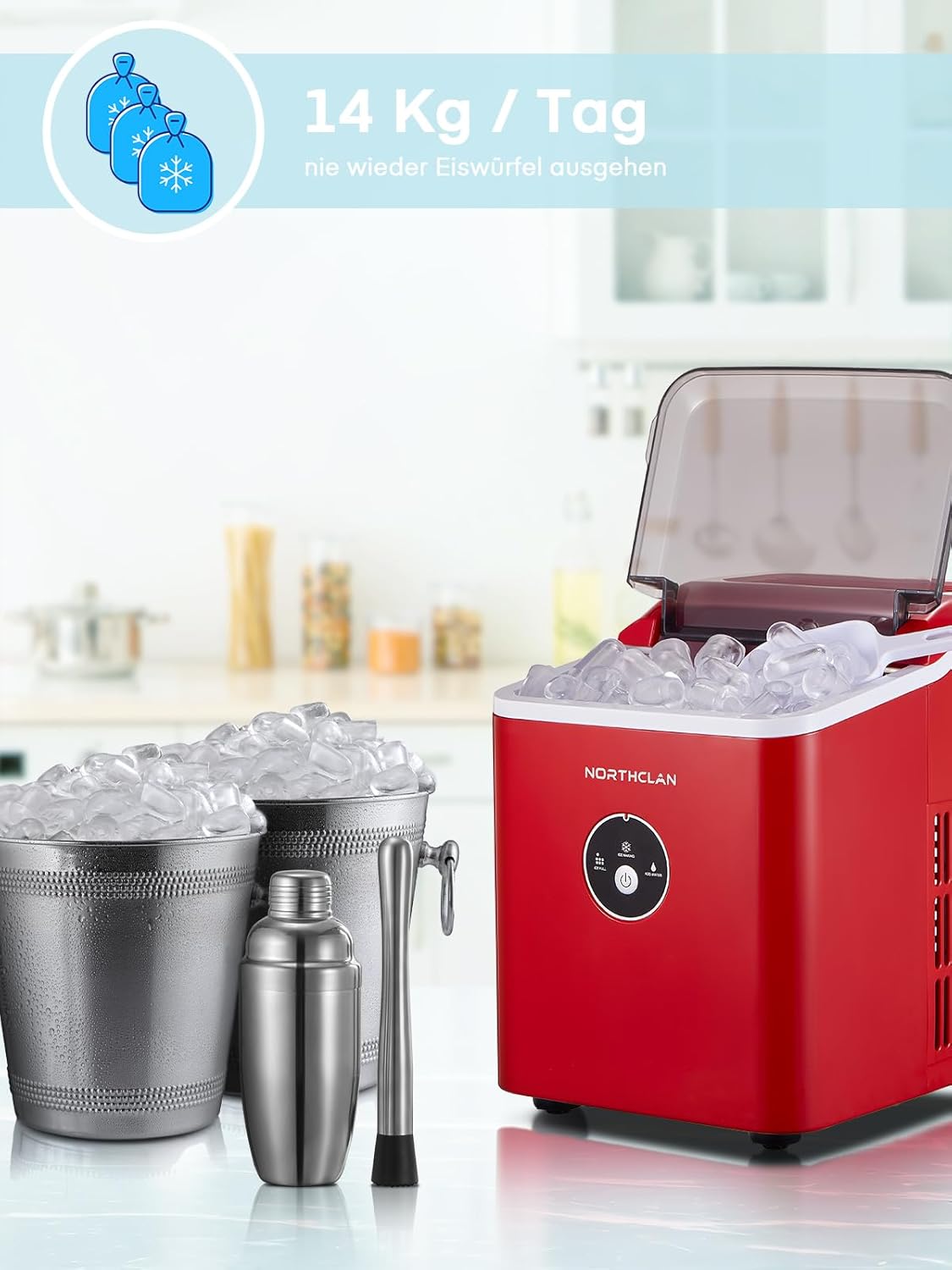 Eiswürfelmaschine mit 14 kg Kapazität, leise und kompakt, Light Grey