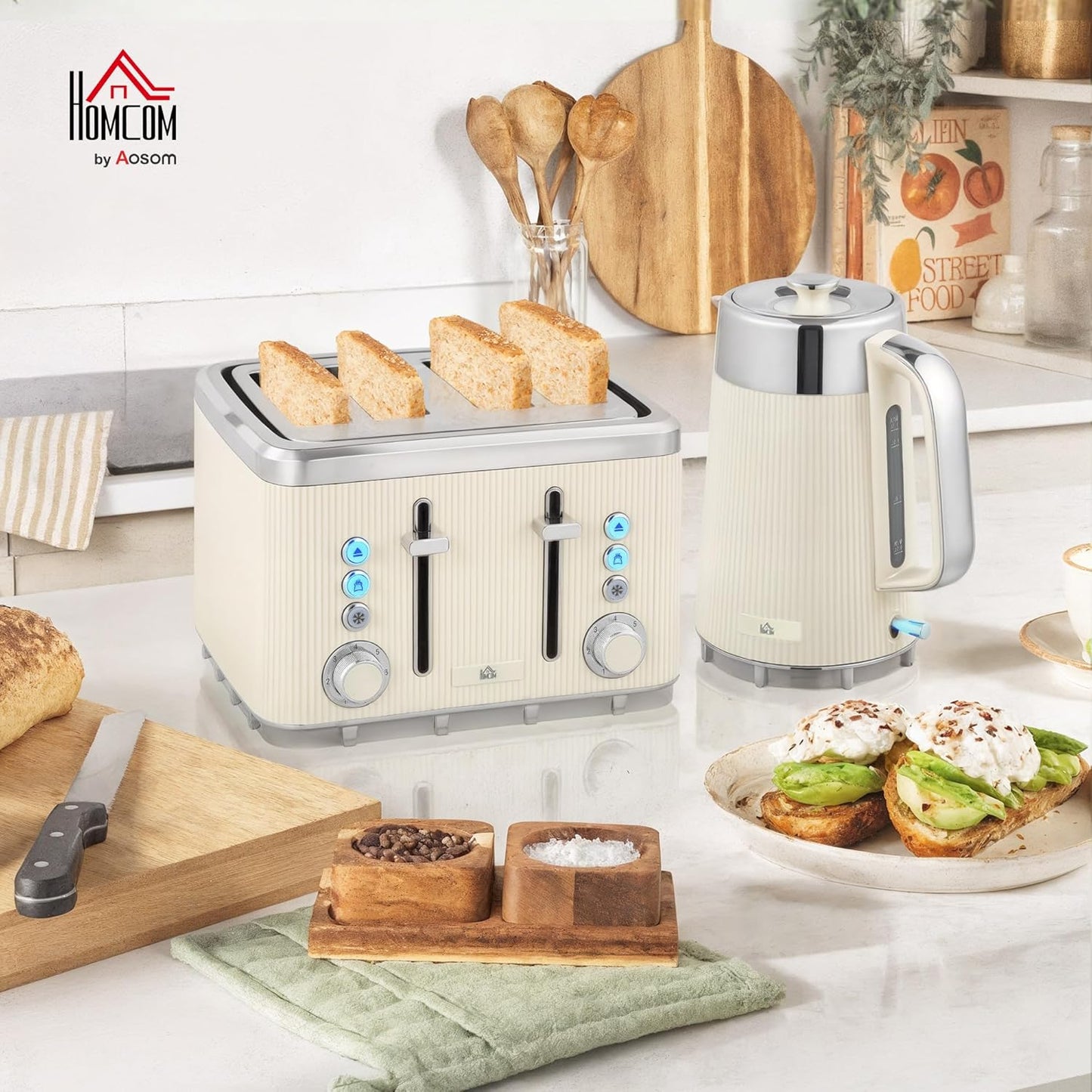 Frühstücksset mit Wasserkocher und Toaster, Cremeweiss