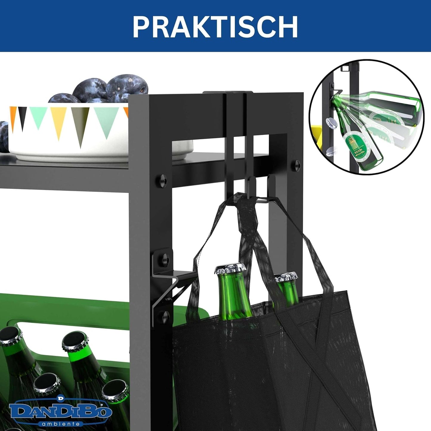 Getränkekistenregal mit Ablage und Rollen