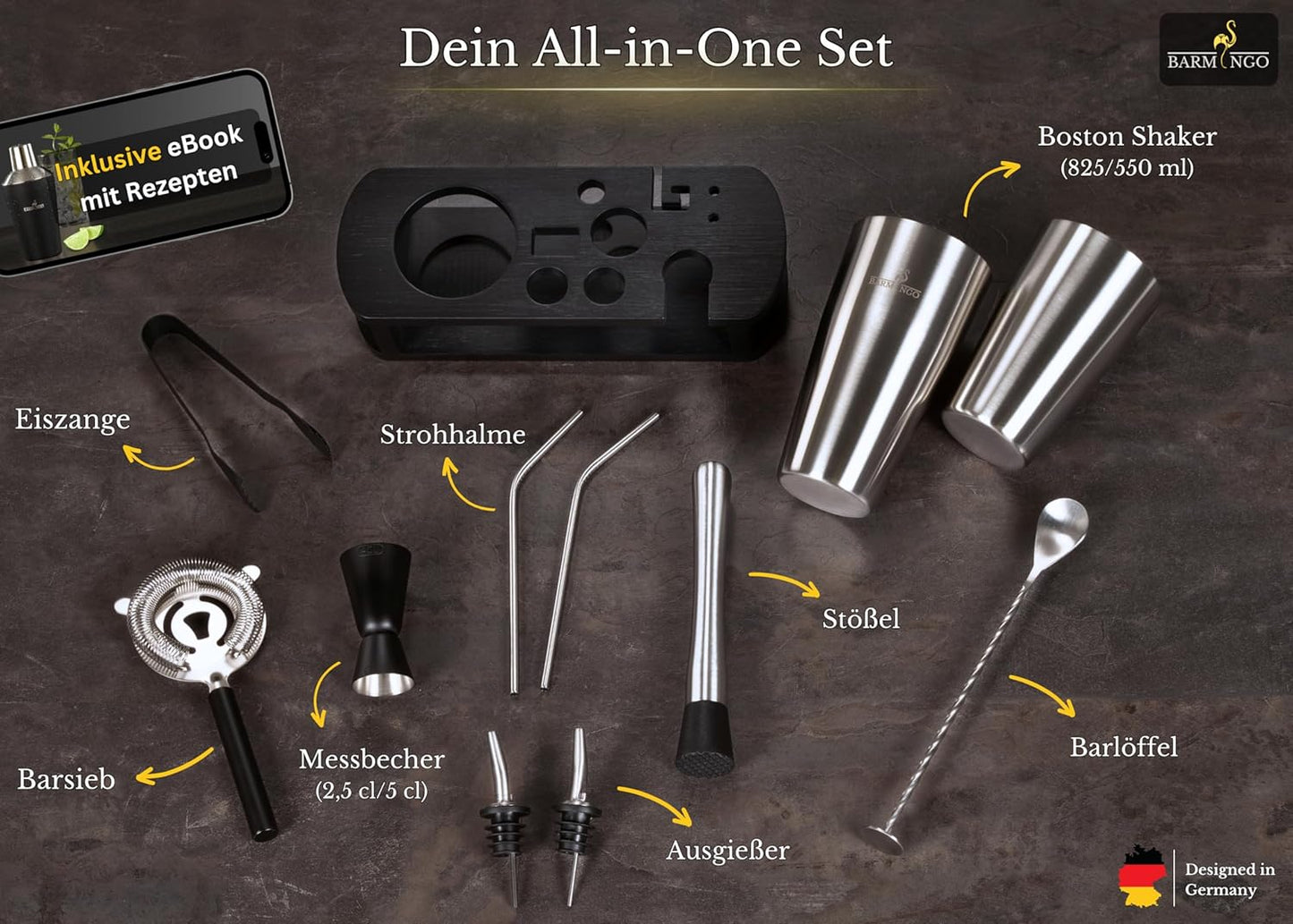 11-teiliges Cocktail-Set mit Ständer, Schwarz-silber