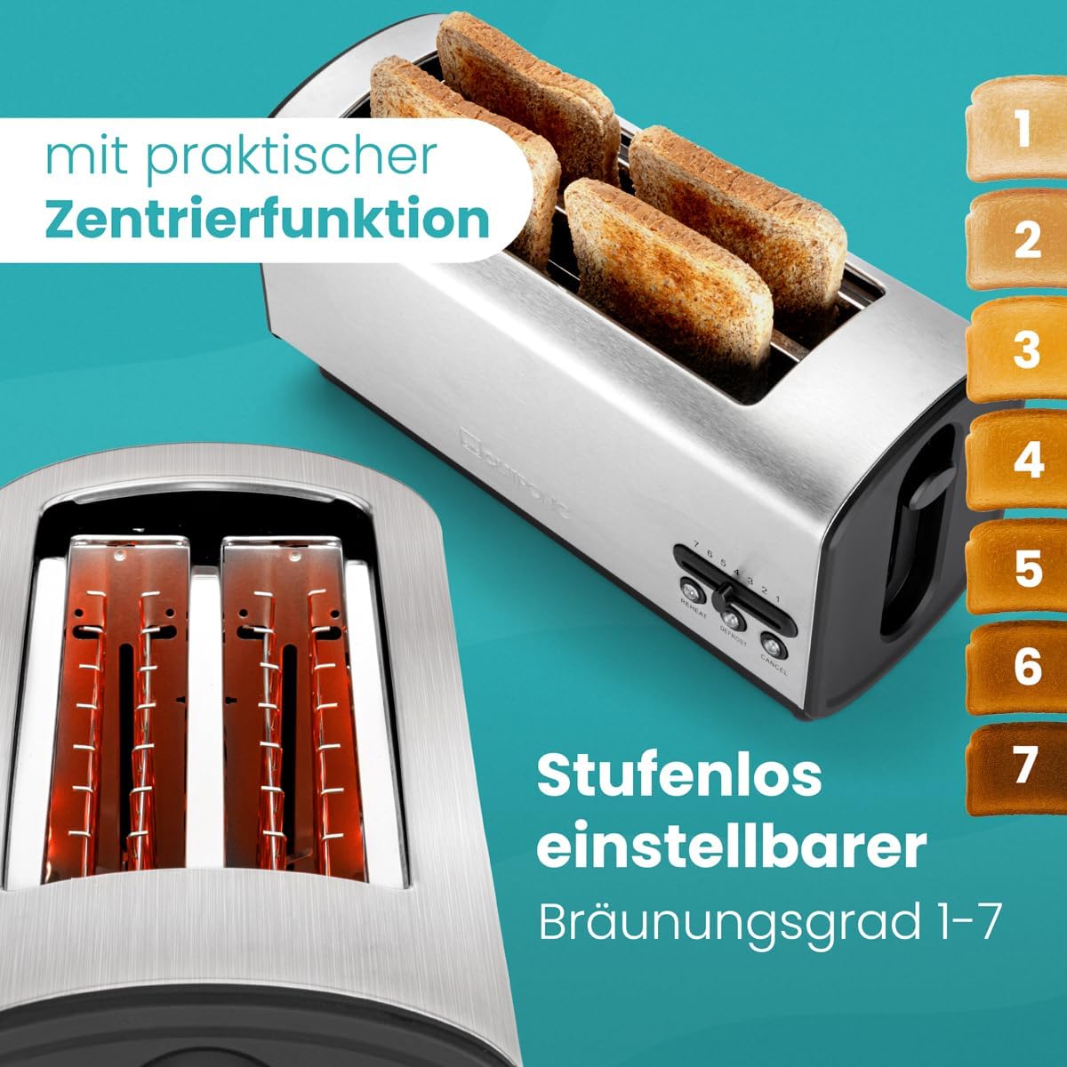 Langschlitztoaster mit Brötchenaufsatz, Silber