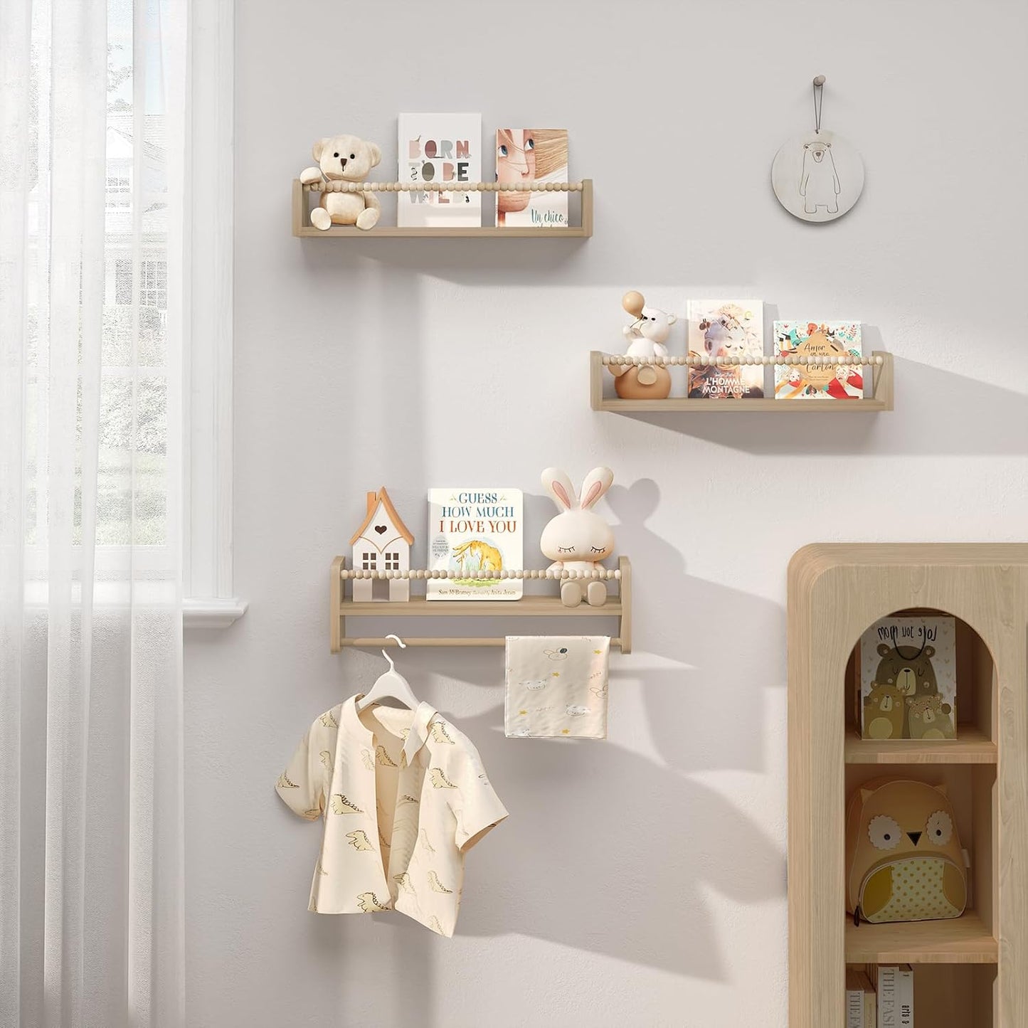3er-Set Kinder-Bücherregal für die Wand, 50 x 15 x 14 cm Naturholzfarbe