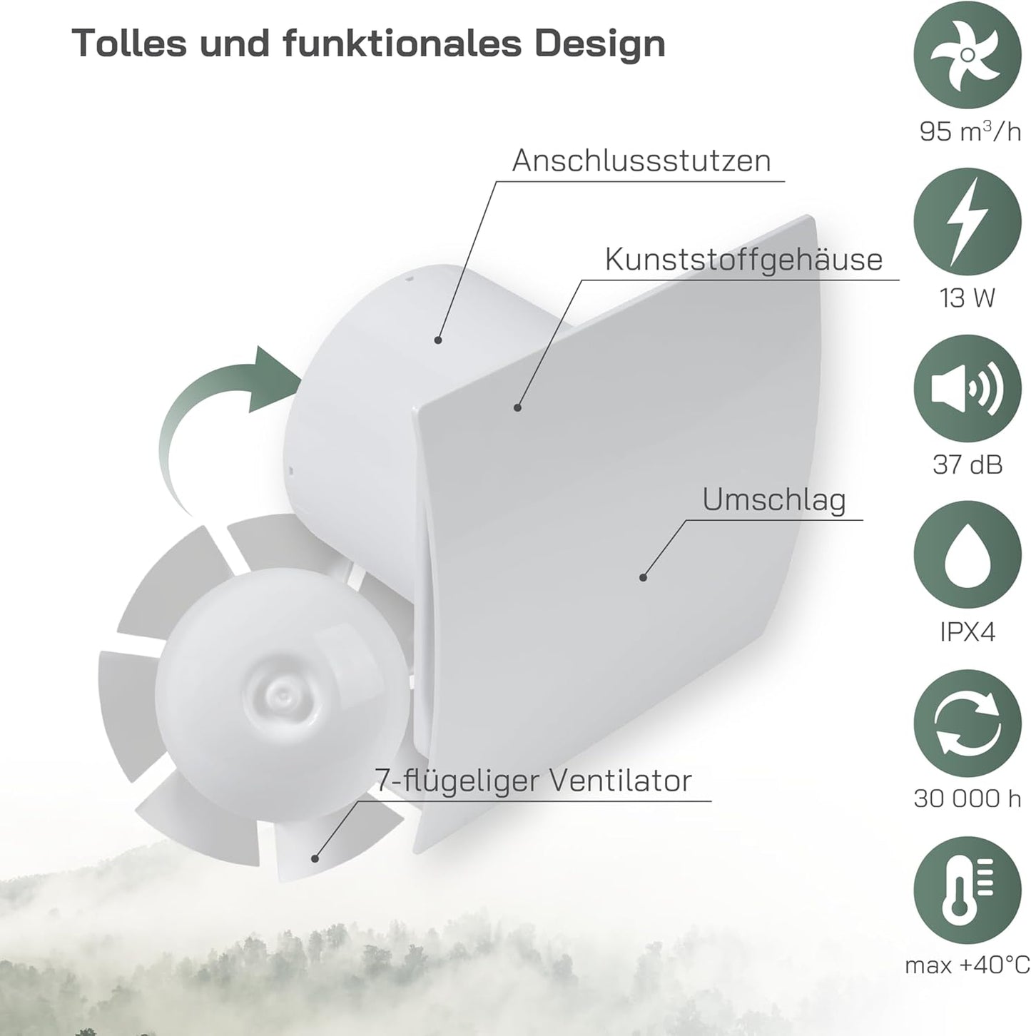 Badlüfter mit Feuchtigkeitssensor & Timer (100 mm), Ø 100 mm Weiß mit Feuchtesensor + Timer