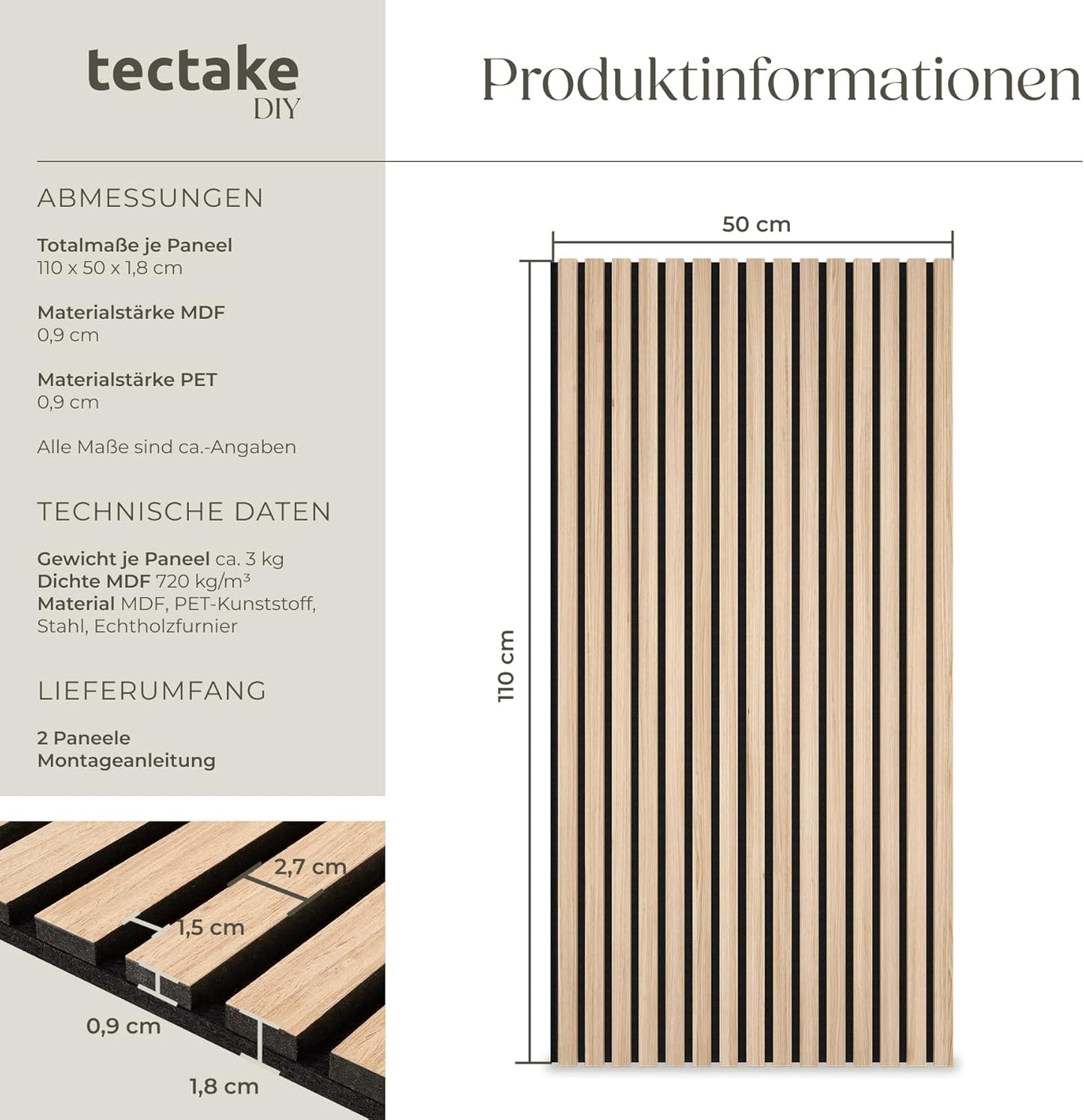 Akustikpaneele, 2er Set Eiche Hell