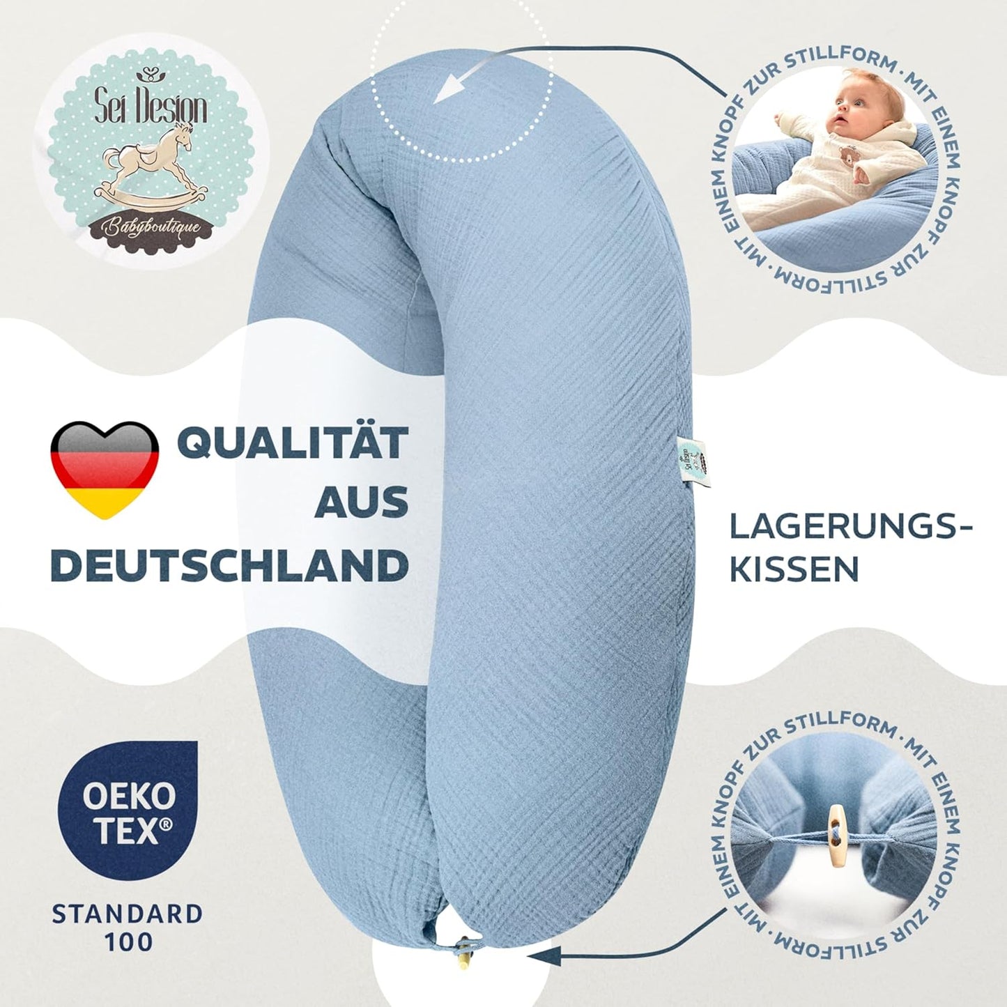 Stillkissen XXL mit Mikroperlenfüllung, XXL 190x30 Musselin Denim
