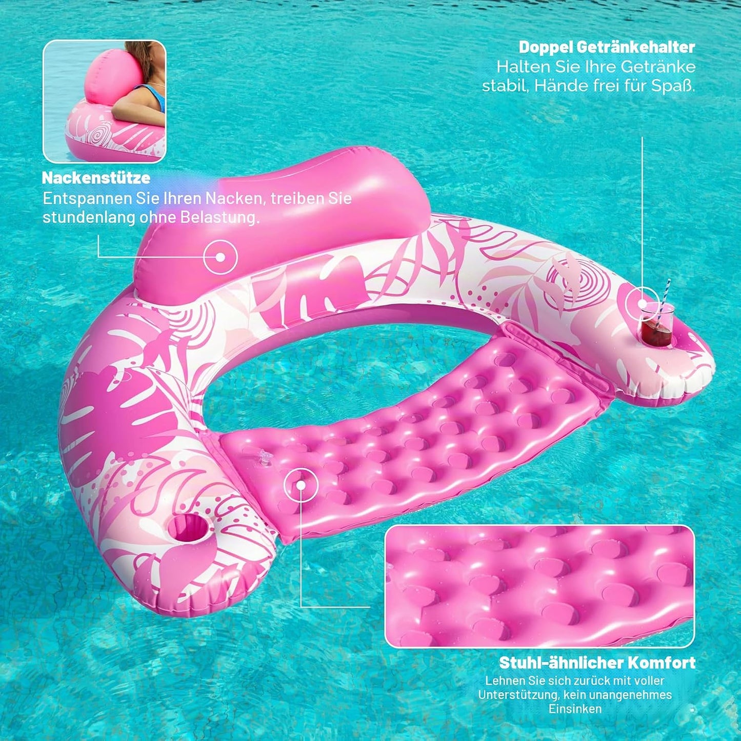Aufblasbare Pool-Flösse mit Getränkehaltern, 2er-Set, Blau, Rosa