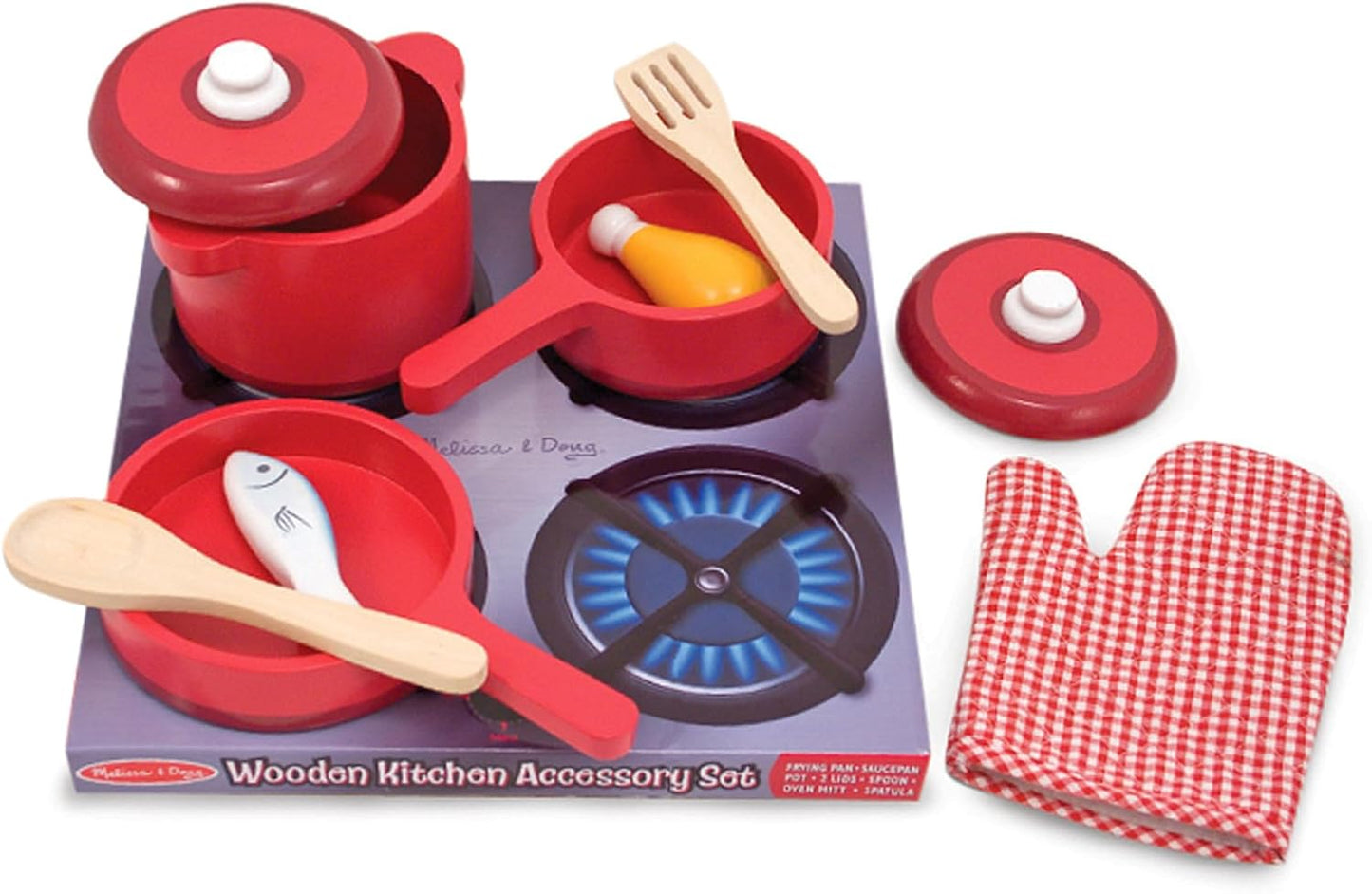 8-teiliges Koch-Set mit Topf, Pfanne, Pfannenwender und Ofenhandschuh, Wooden Kitchen Accessory