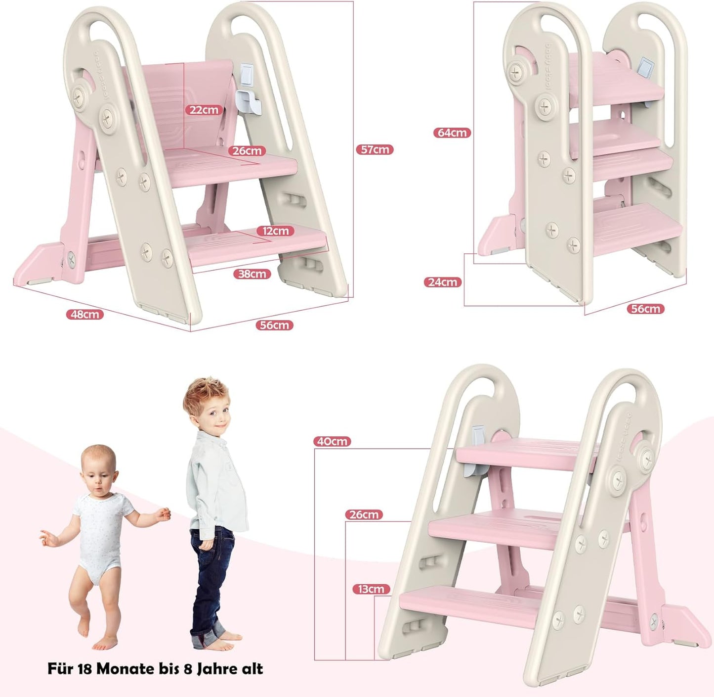 Höhenverstellbarer Tritthocker für Kinder, klappbar, Rosa