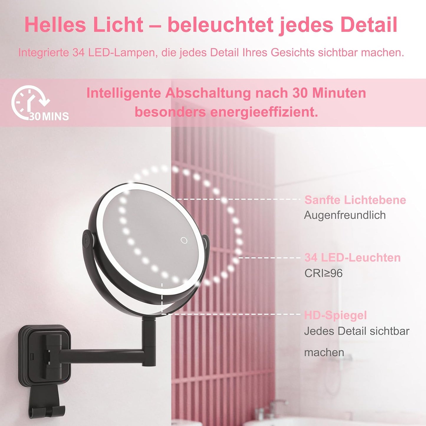 Wandkosmetikspiegel mit Beleuchtung und Vergrösserung, 360° Drehbar