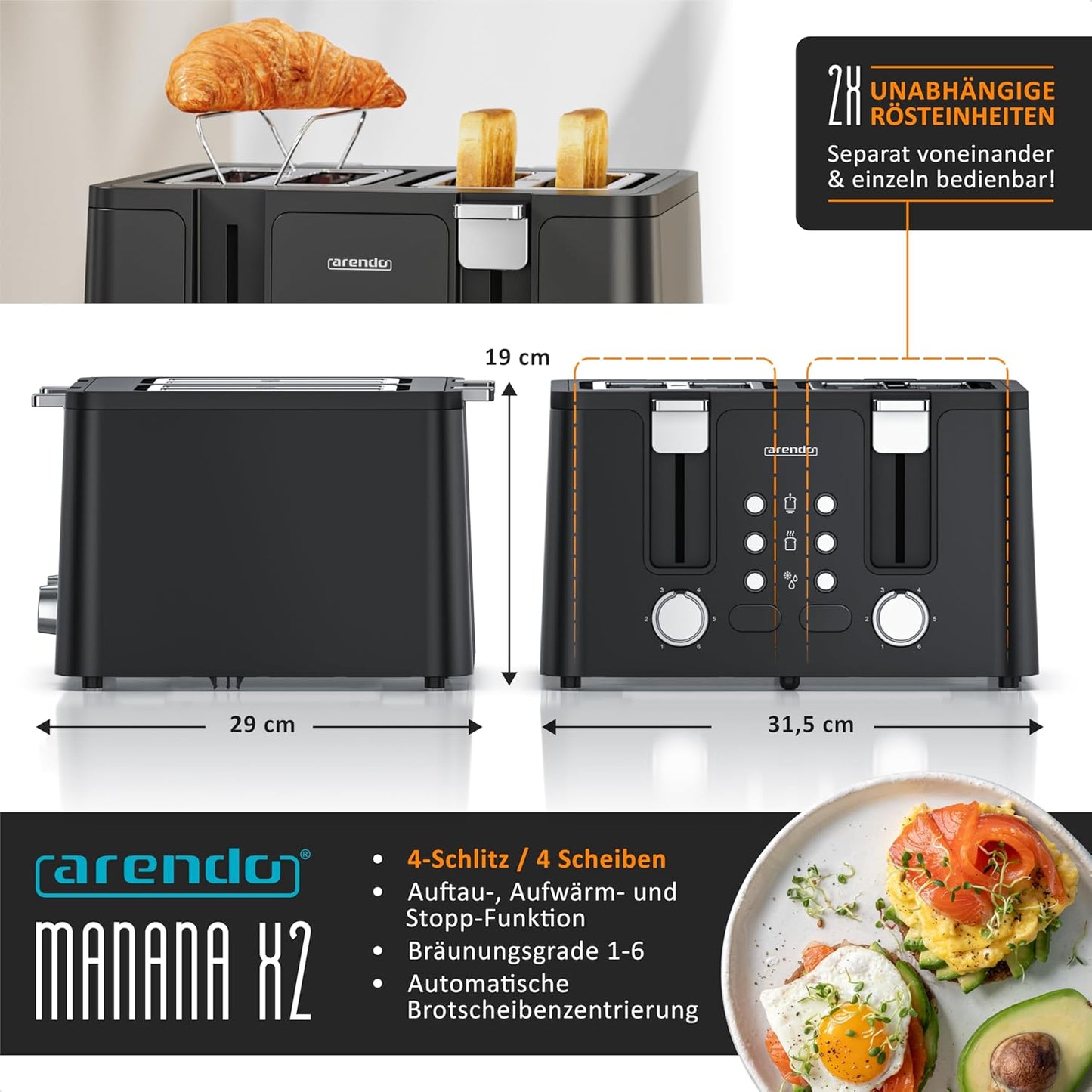 Toaster Manana X2 für 4 Scheiben, A: Schwarz