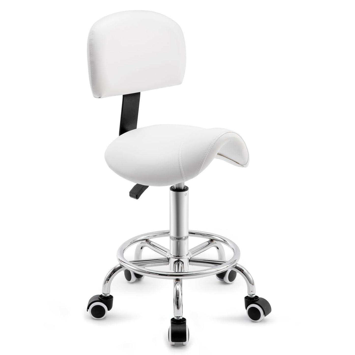 Höhenverstellbarer Sattelhocker mit Lehne, Weiss