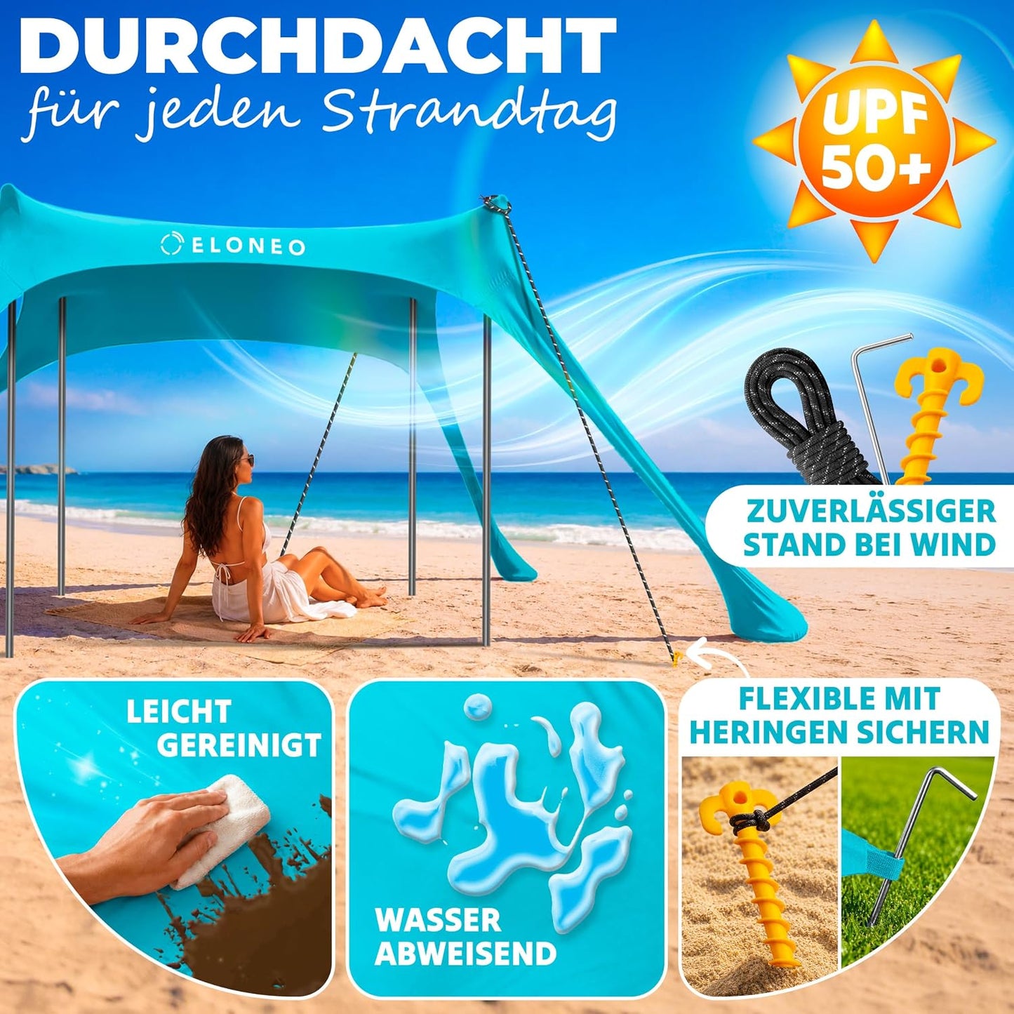 Strand-Sonnensegel mit UV-Schutz LSF 50+, Türkis 228 x 214 x 200 cm / 4 Stangen