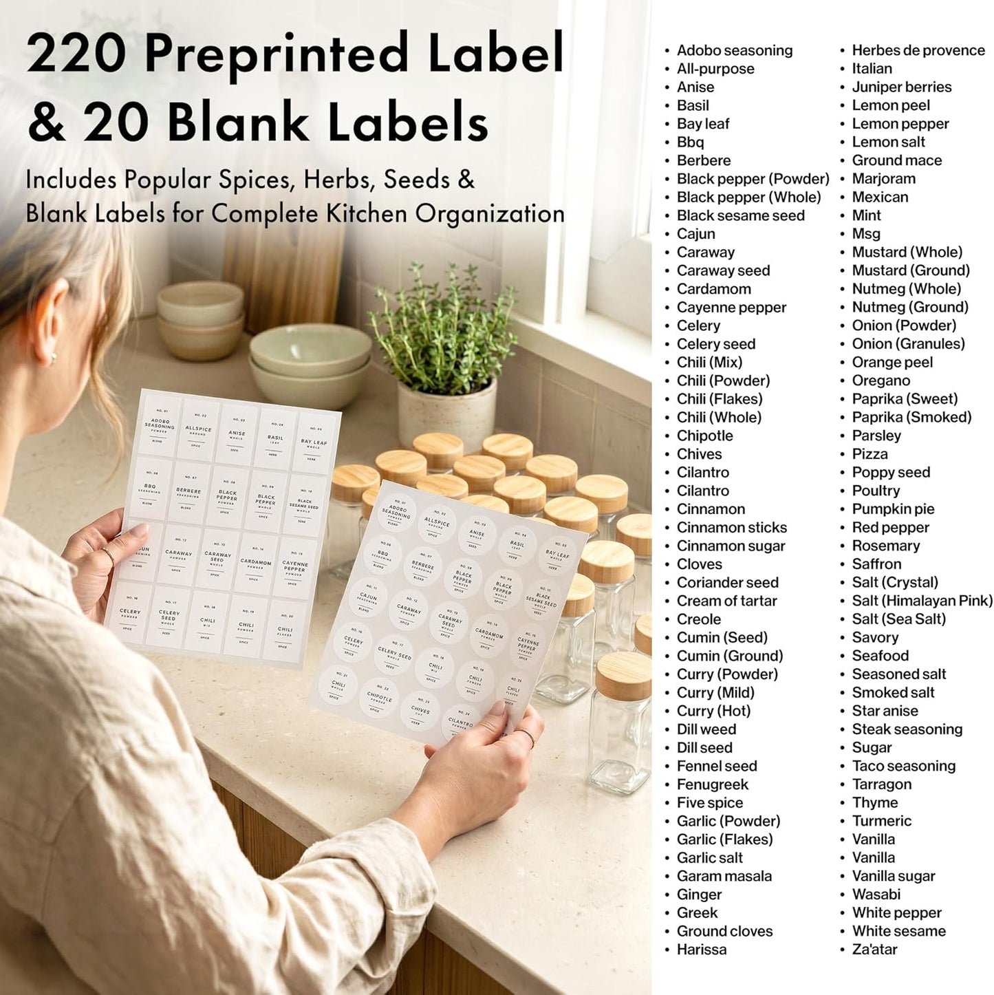36er-Set Gewürzgläser mit Bambusdeckel und Zubehör, 36x Bamboo Jars White Stickers