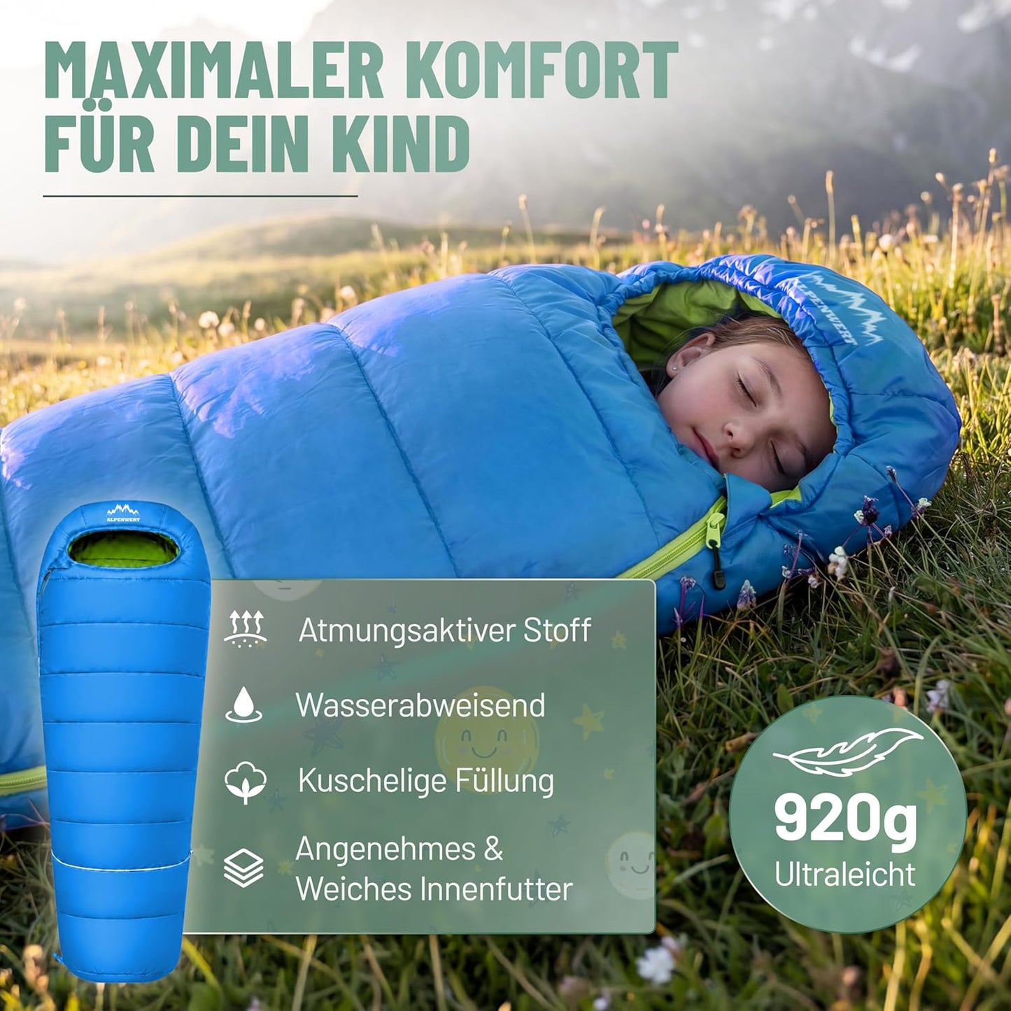 Mitwachsender Kinderschlafsack Sommer, Hellblau/Neongelb
