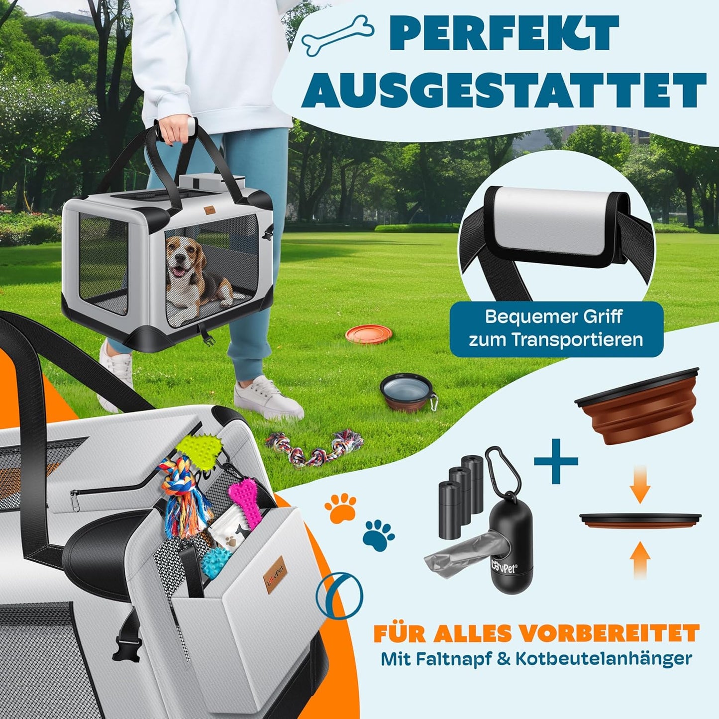 Transportbox für Haustiere inkl. Napf & Schultergurt, XL Hellgrau