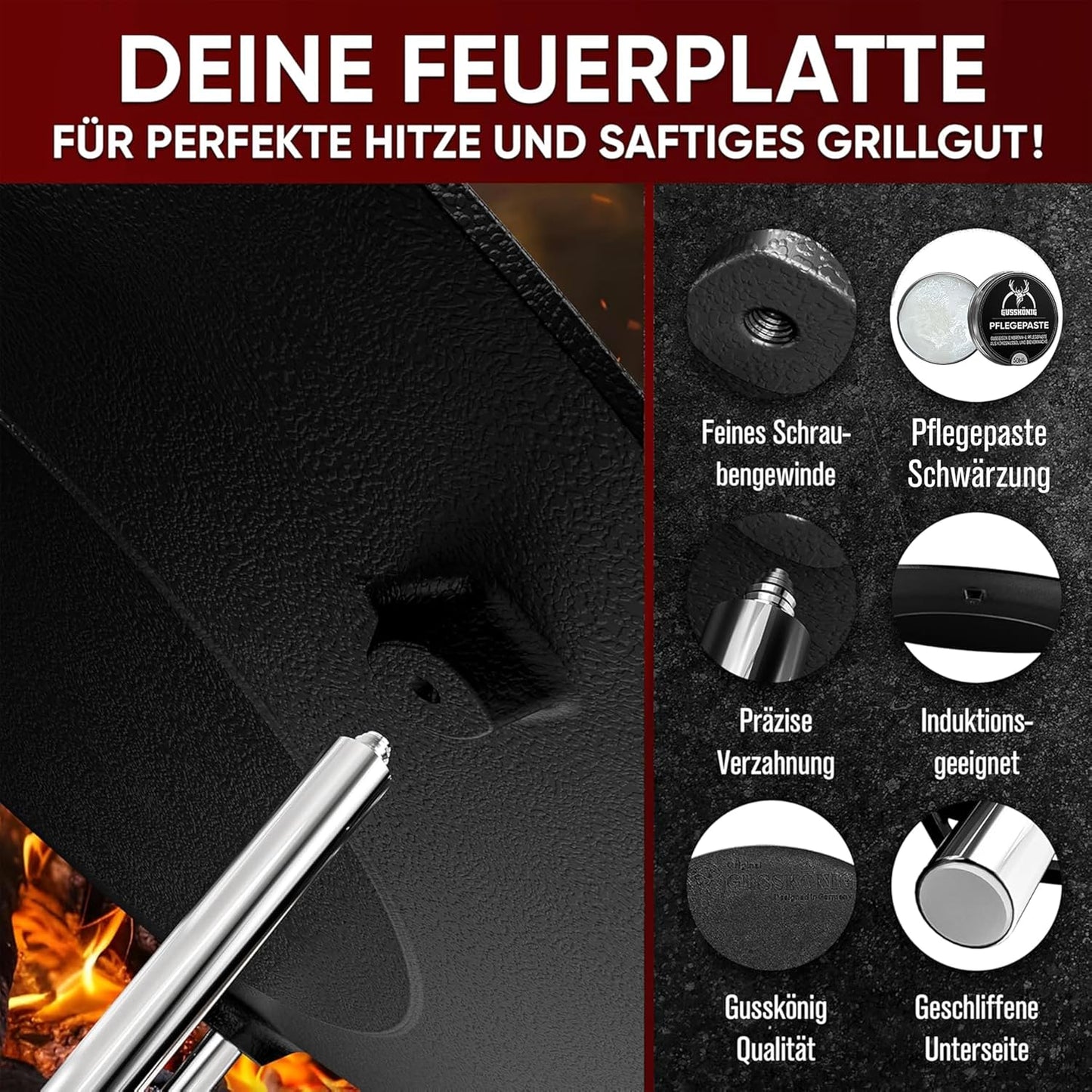 Grillplatte mit Dreibein und Pflegepaste, Gusseisen Grillplatte Ø 42cm Mit Pflegepaste